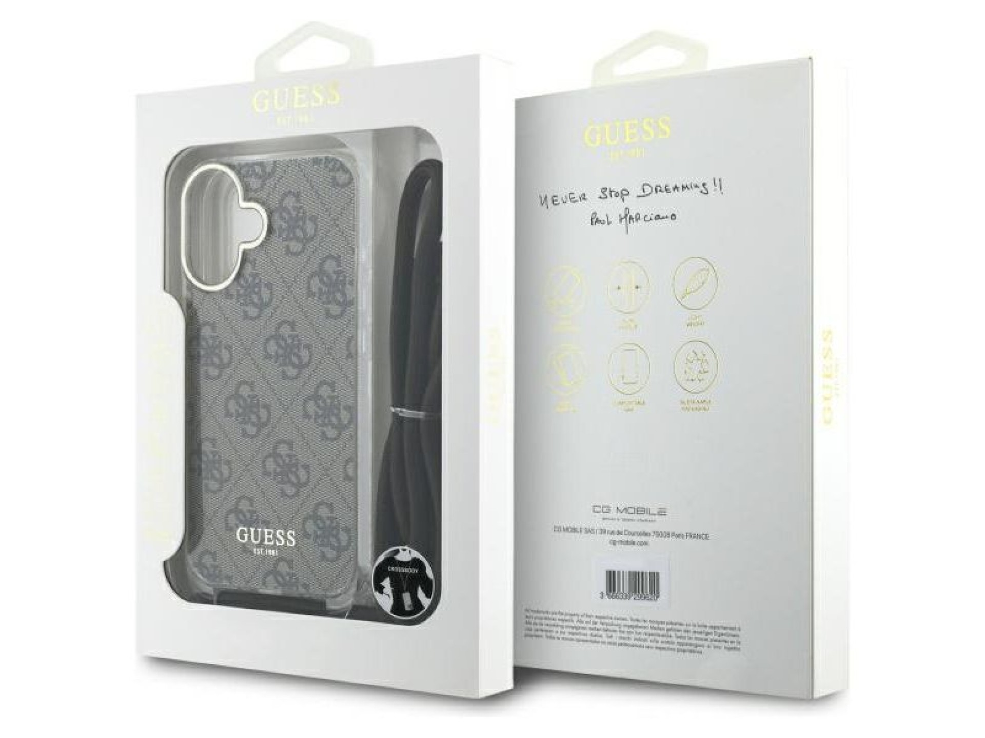 Funda Guess Crossbody Cord 4G Print con cordón para iPhone 16 - Marrón