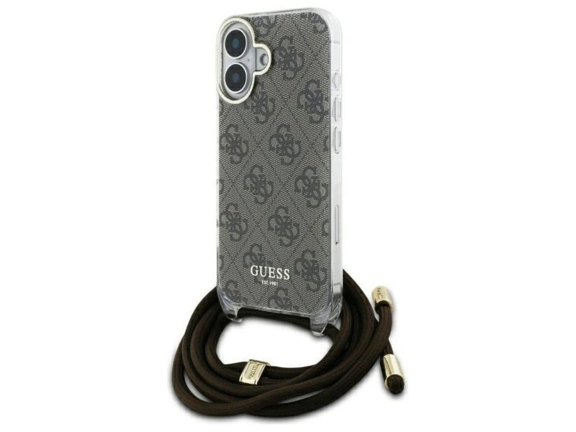 Funda Guess Crossbody Cord 4G Print con cordón para iPhone 16 - Marrón