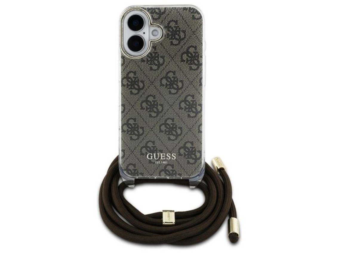Funda Guess Crossbody Cord 4G Print con cordón para iPhone 16 - Marrón