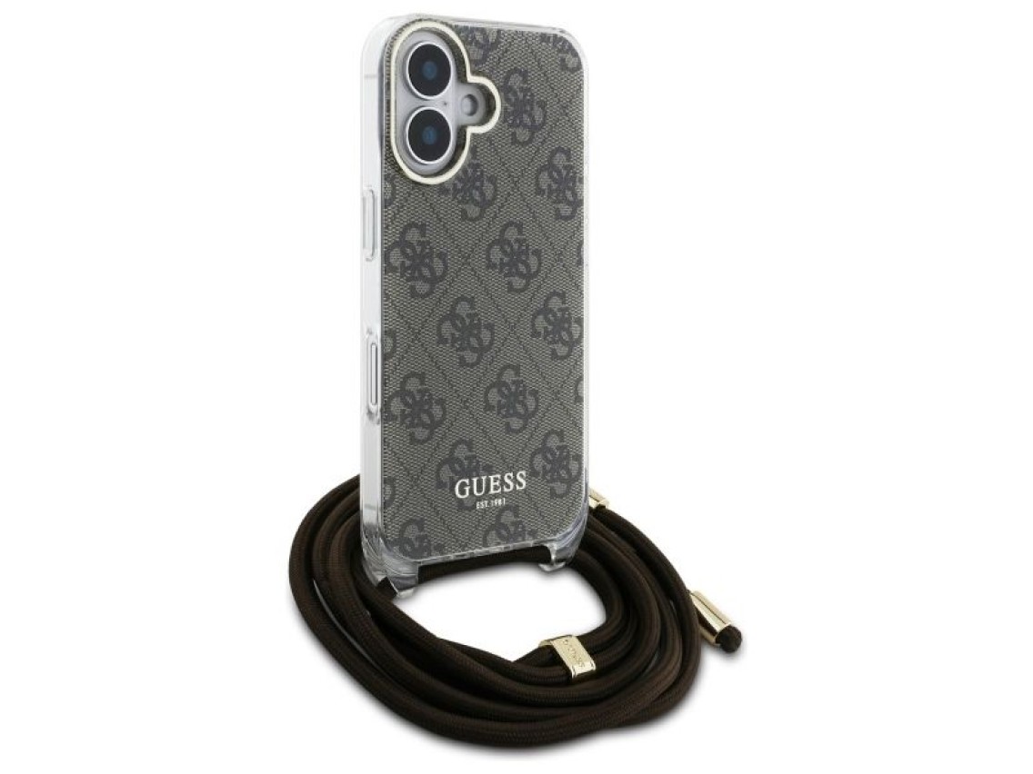 Funda Guess Crossbody Cord 4G Print con cordón para iPhone 16 - Marrón