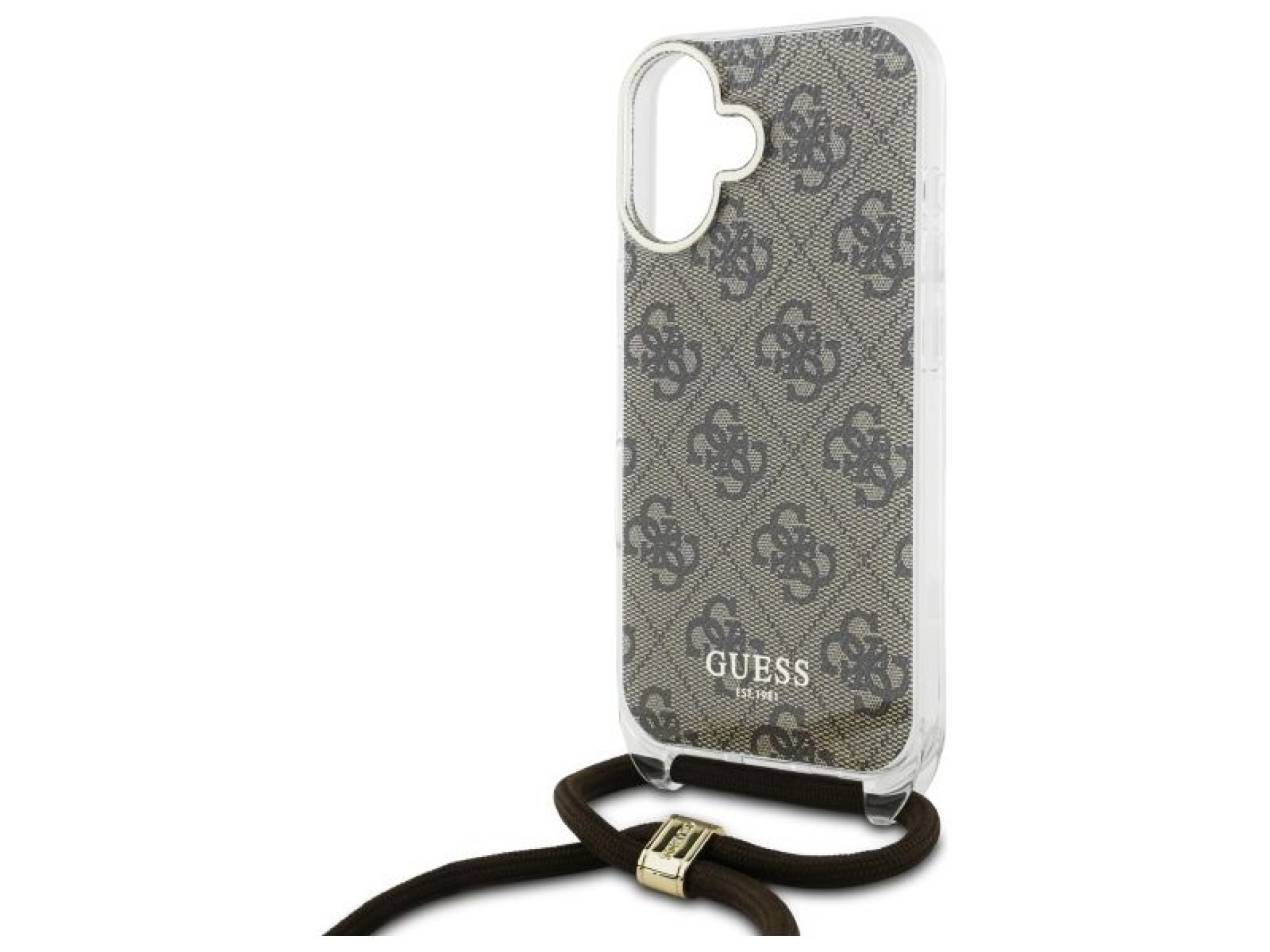 Funda Guess Crossbody Cord 4G Print con cordón para iPhone 16 - Marrón