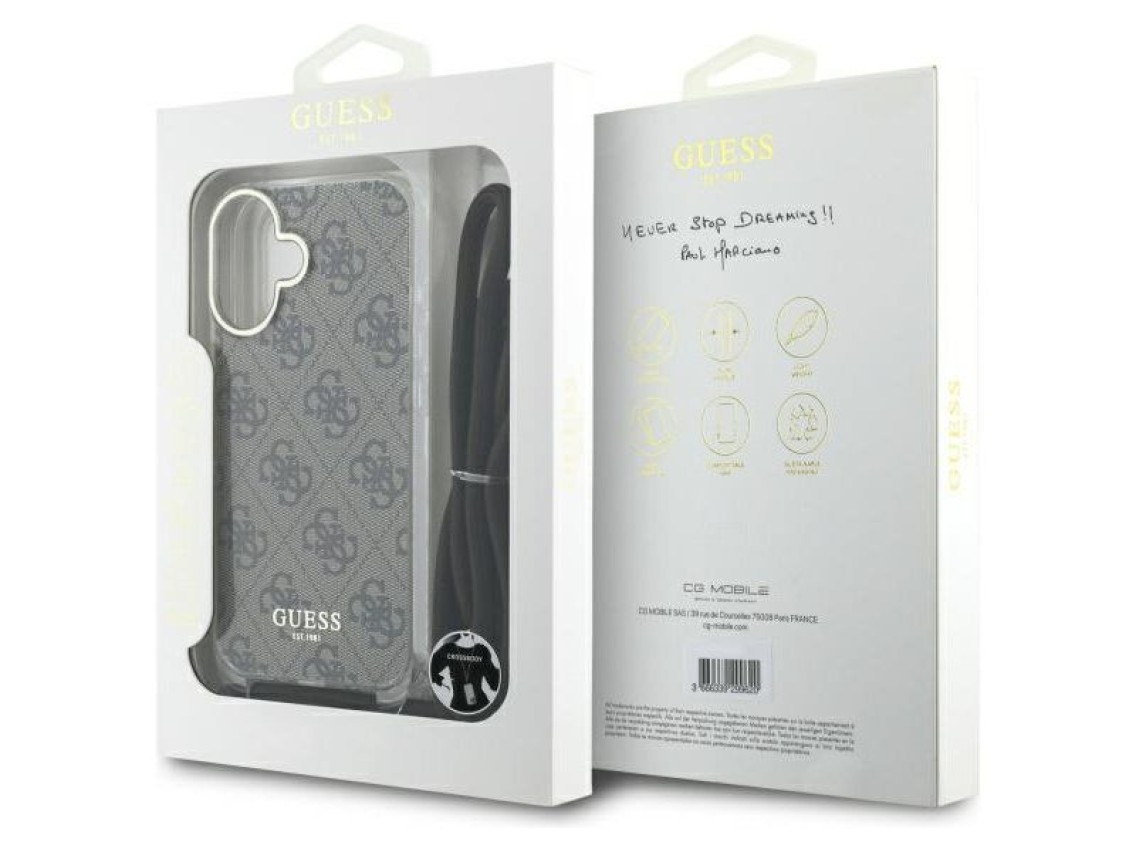 Funda Guess Crossbody Cord 4G Print con cordón para iPhone 16 - Marrón