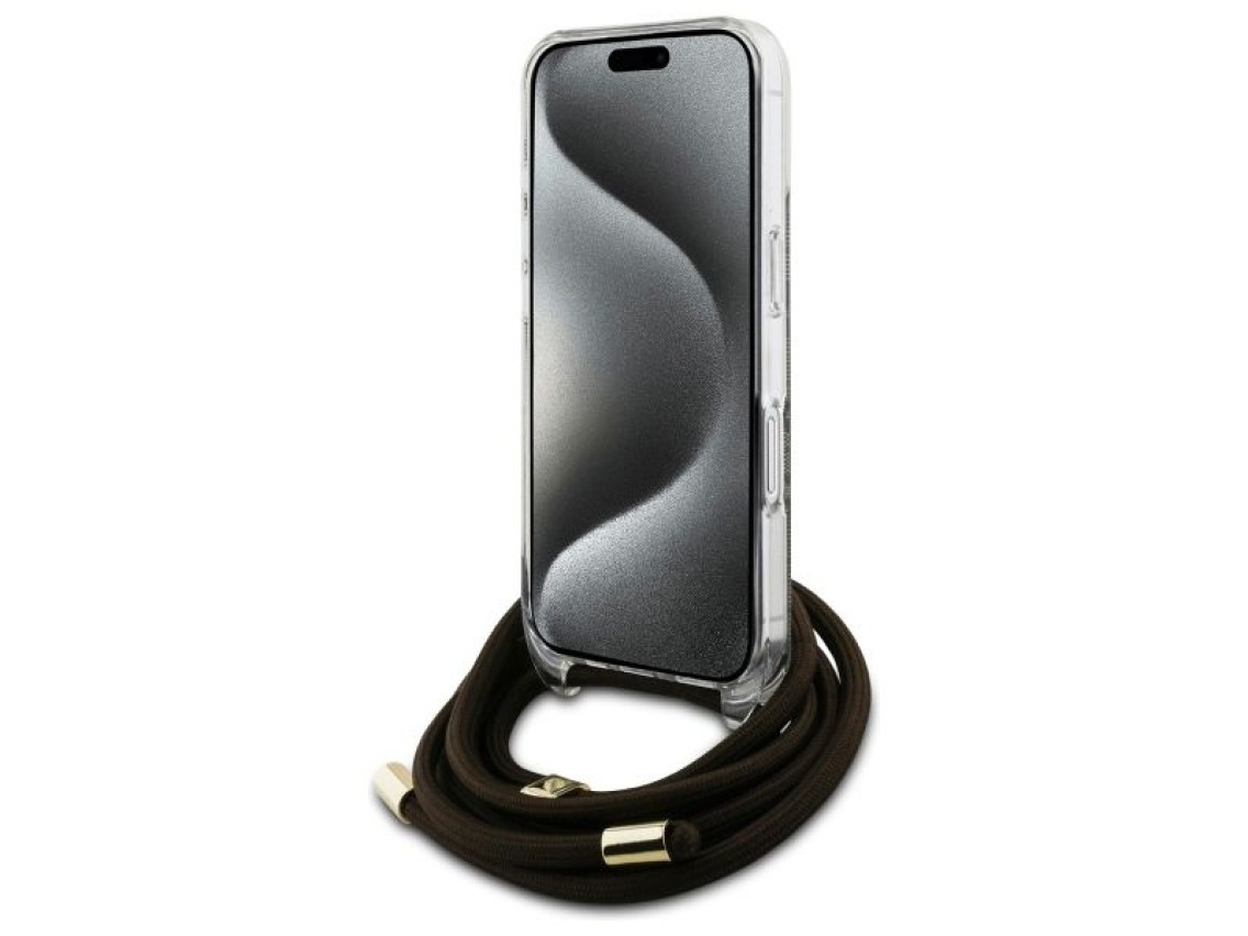 Funda Guess Crossbody Cord 4G Print con cordón para iPhone 16 - Marrón