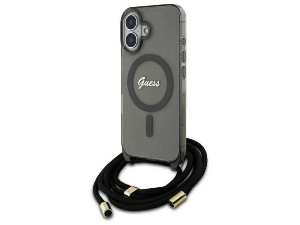 Capa Guess Crossbody Cord Script MagSafe para iPhone 16 - Preta