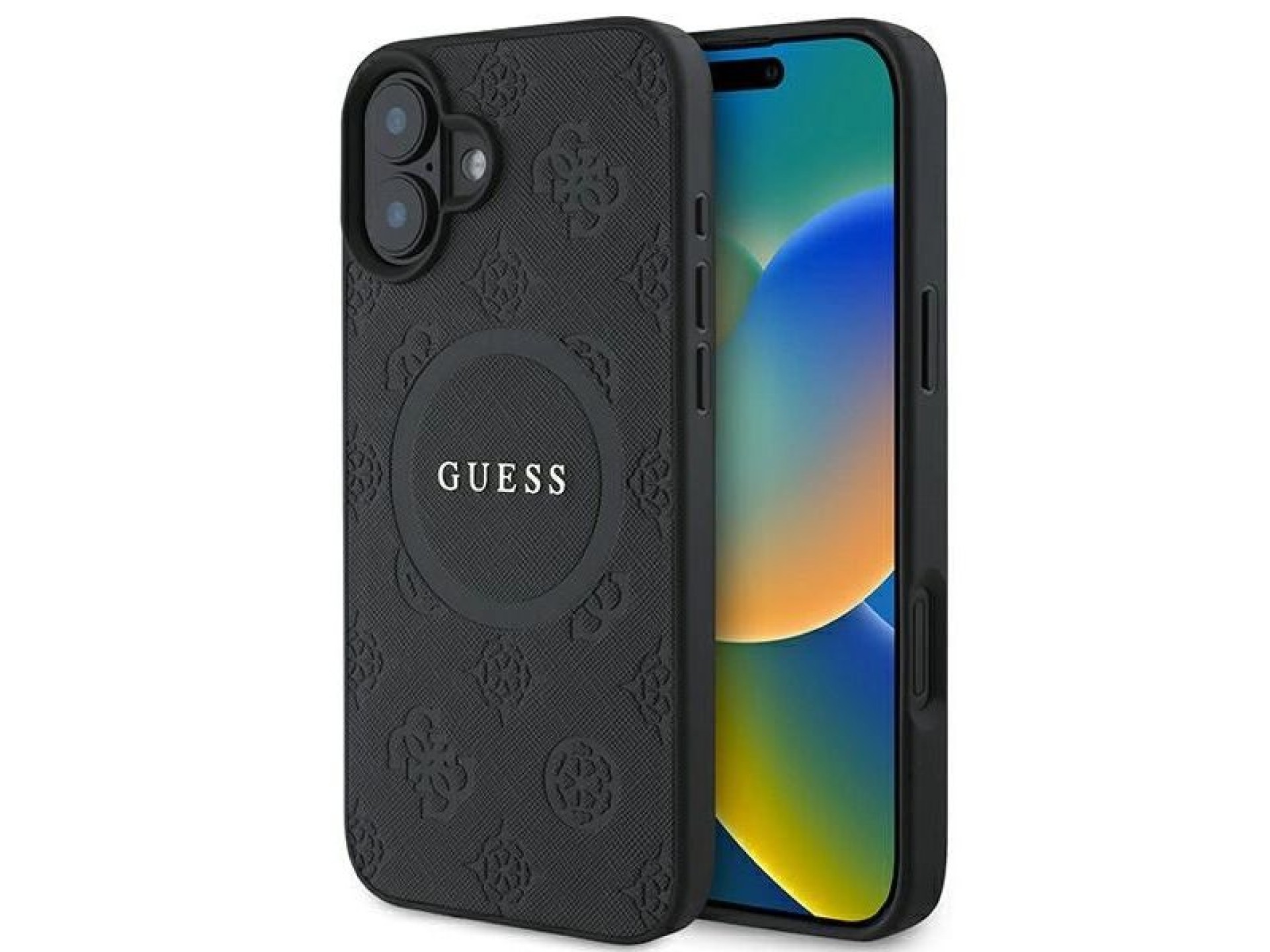 Capa Guess Saffiano Peony Classic Logo MagSafe para iPhone 16 - preta