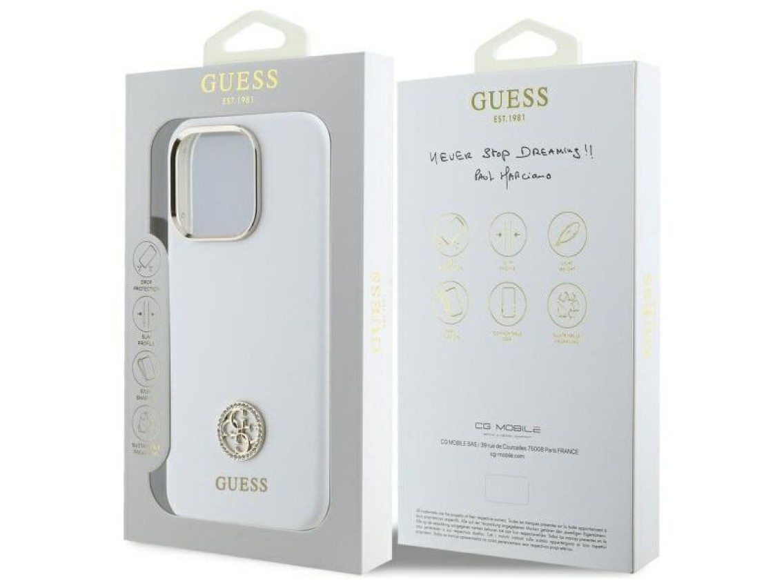 Capa Guess de silicone com logo Strass 4G para iPhone 16 Pro - Branca