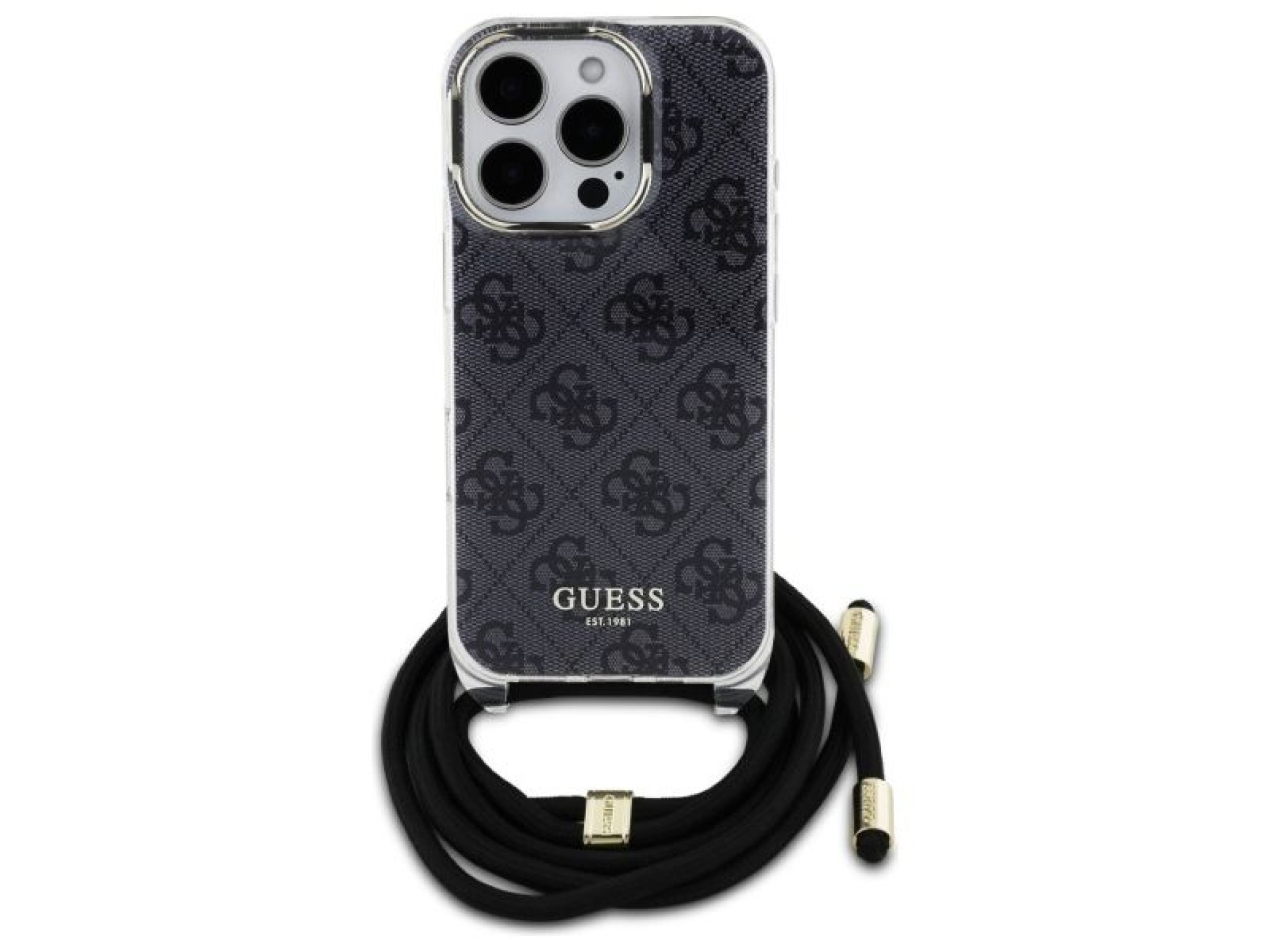 Guess Crossbody Cord 4G Print Case with Lanyard for iPhone 16 Pro - Black