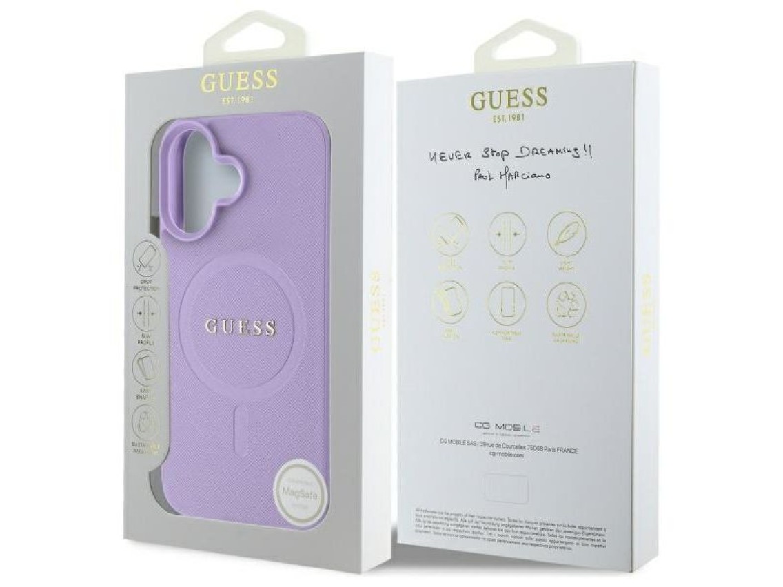 Funda Guess Saffiano MagSafe para iPhone 16 - Morada