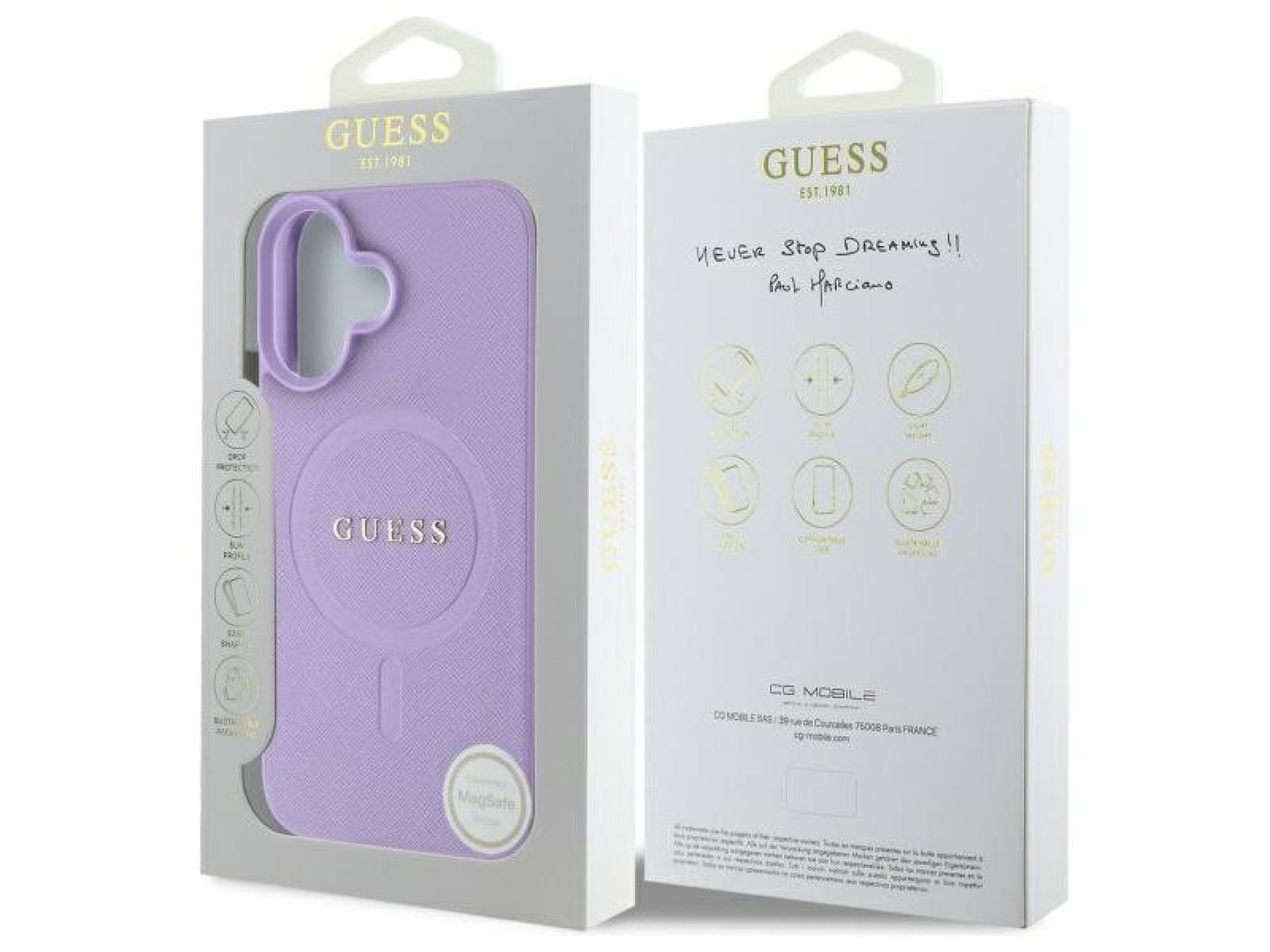 Funda Guess Saffiano MagSafe para iPhone 16 - Morada