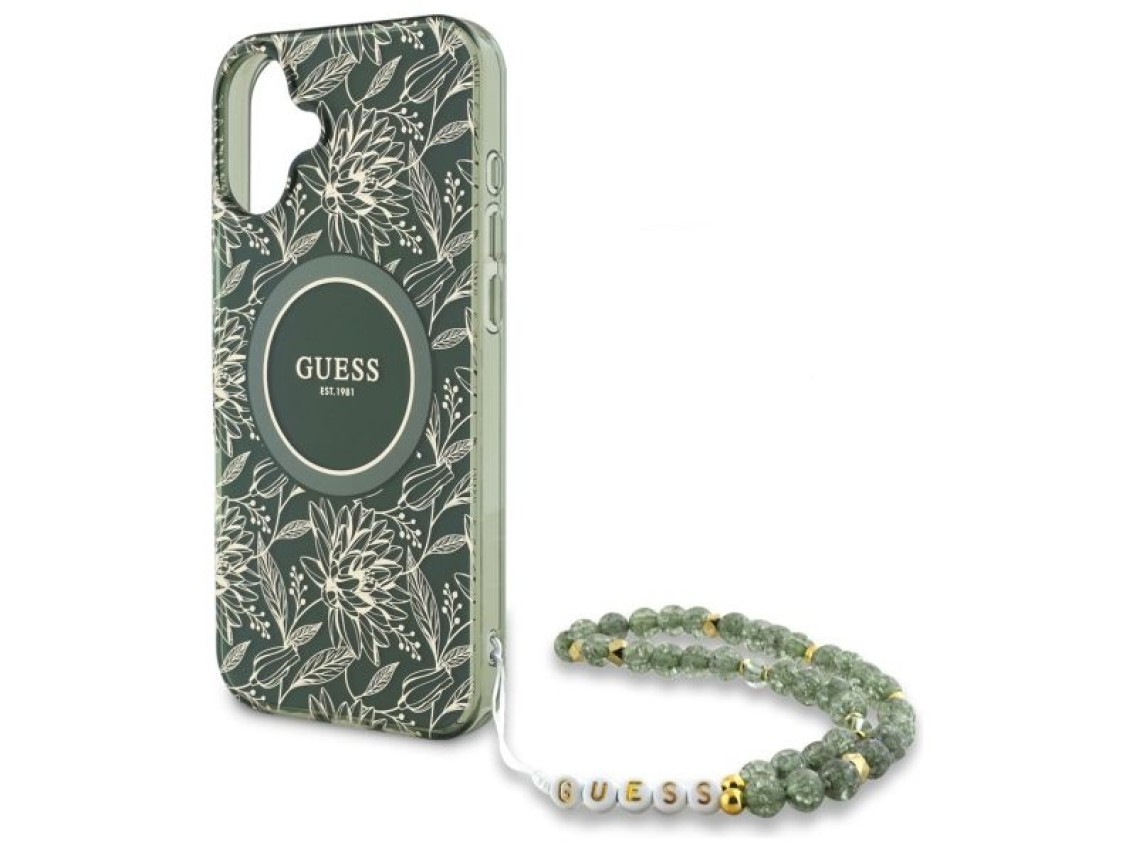 Guess IML Flowers Allover Electro With Pearl Strap MagSafe case for iPhone 16 - green