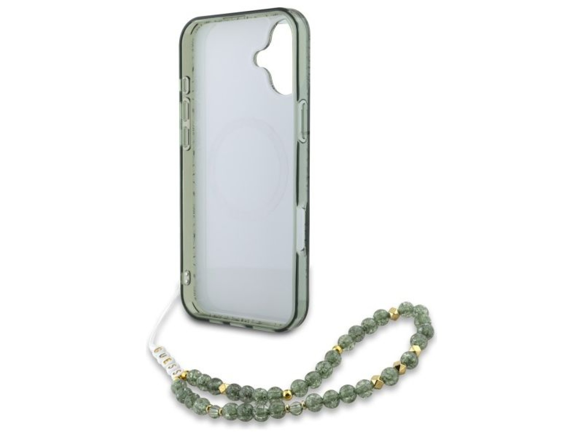 Guess IML Flowers Allover Electro With Pearl Strap MagSafe case for iPhone 16 - green