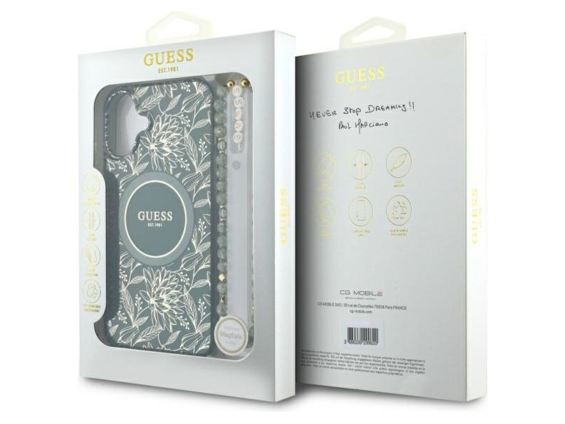 Guess IML Flowers Allover Electro With Pearl Strap MagSafe case for iPhone 16 - green