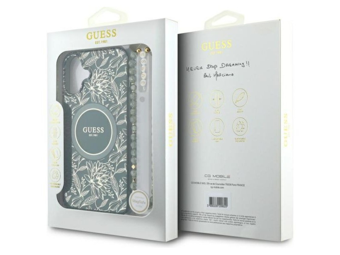 Guess IML Flowers Allover Electro With Pearl Strap MagSafe case for iPhone 16 - green