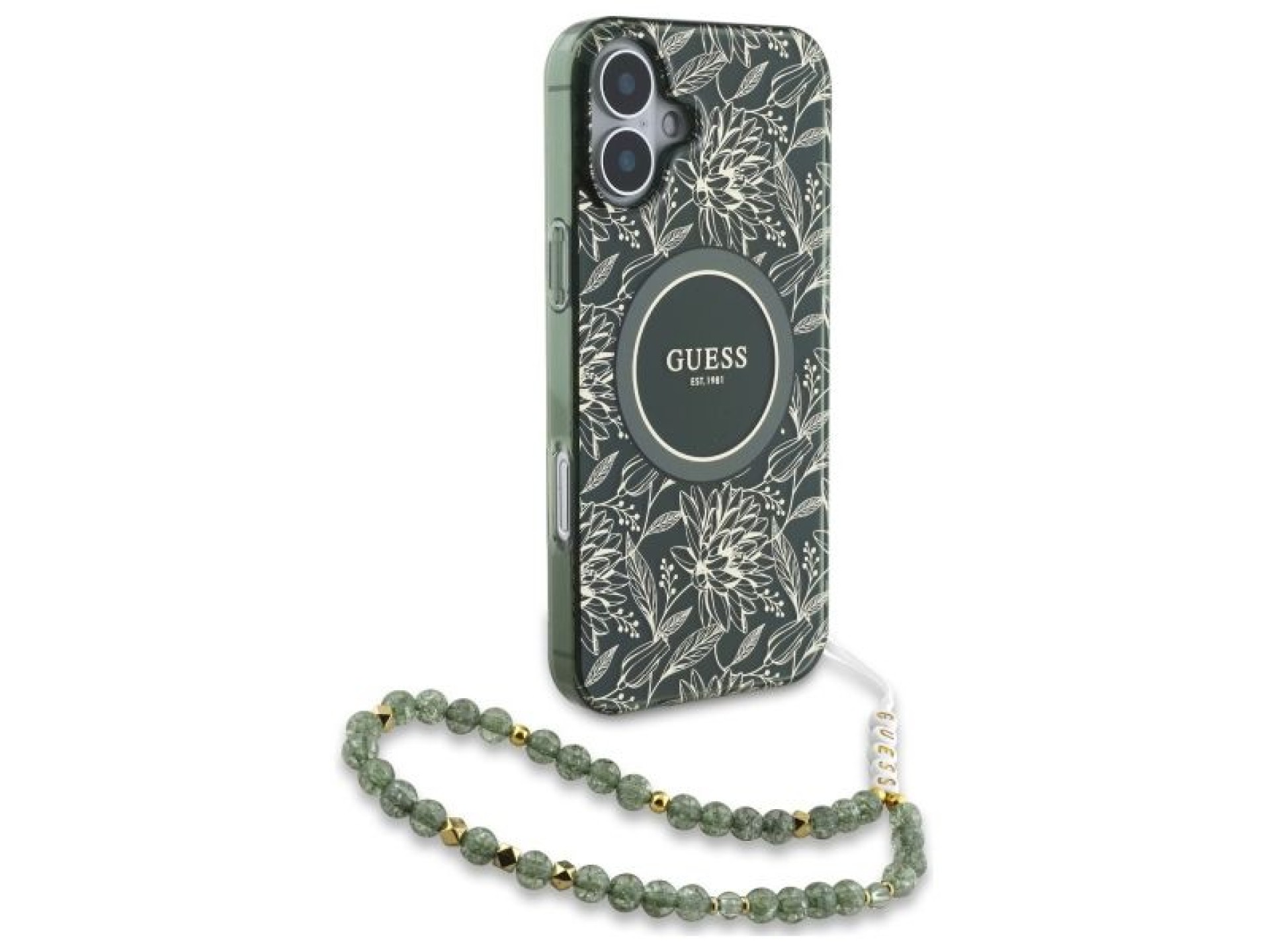 Guess IML Flowers Allover Electro With Pearl Strap MagSafe case for iPhone 16 - green
