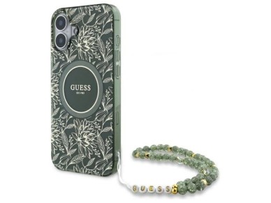 Guess IML Flowers Allover Electro With Pearl Strap MagSafe case for iPhone 16 - green Guess IML Flowers Allover Electro With Pearl Strap MagSafe case for iPhone 16 - green