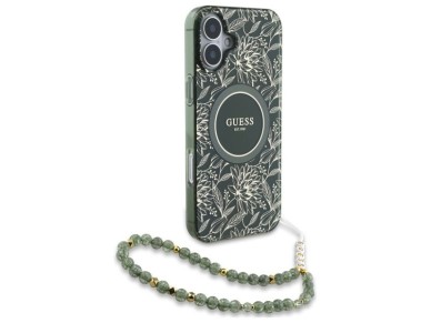 Guess IML Flowers Allover Electro With Pearl Strap MagSafe case for iPhone 16 - green Guess IML Flowers Allover Electro With Pearl Strap MagSafe case for iPhone 16 - green