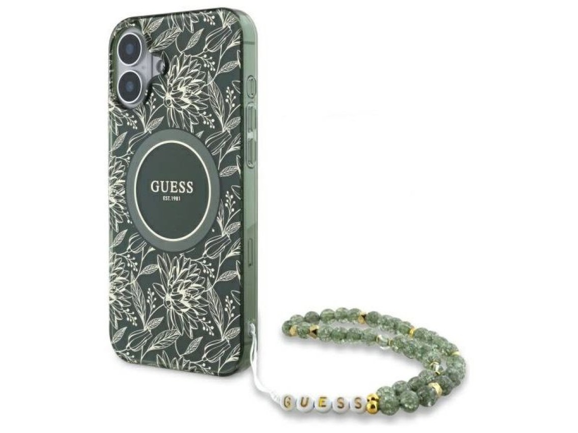 Guess IML Flowers Allover Electro With Pearl Strap MagSafe case for iPhone 16 - green