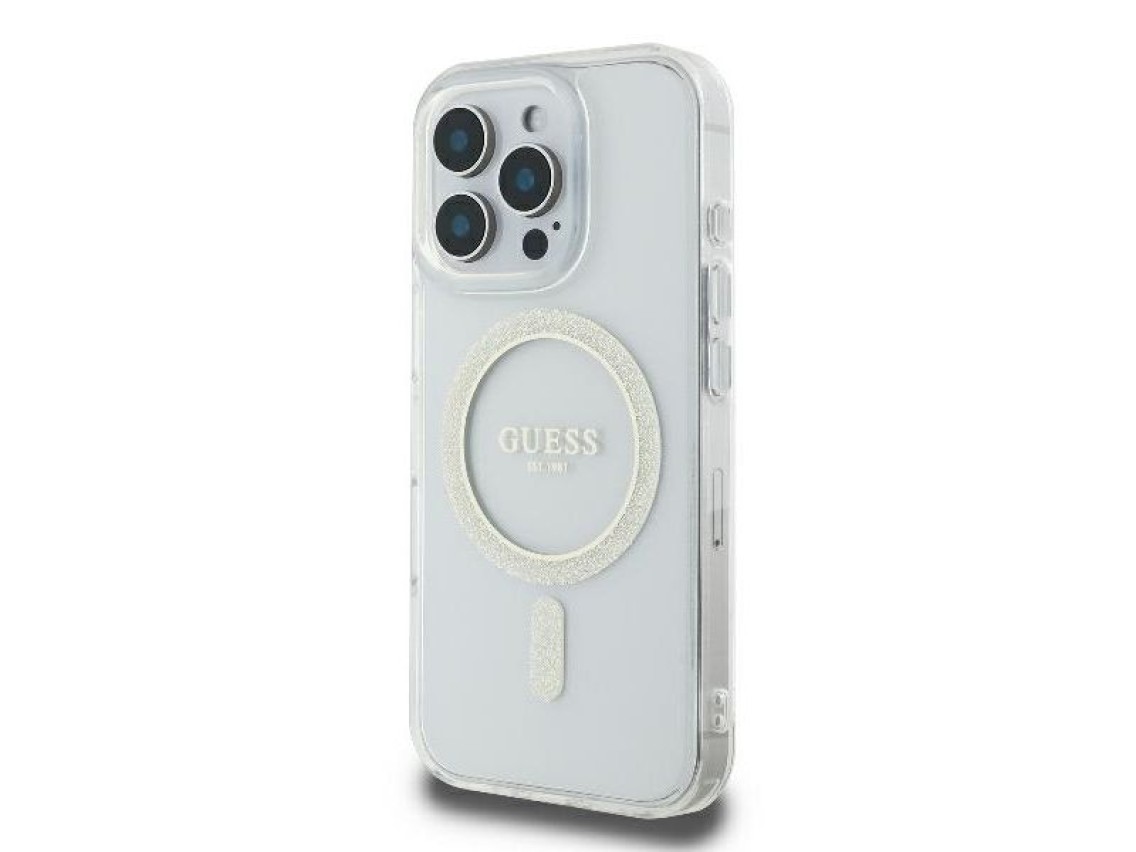 Funda rígida transparente Guess GUHMP16LHFGERET para iPhone 16 Pro de 6,3" con IML Glitter Circle y