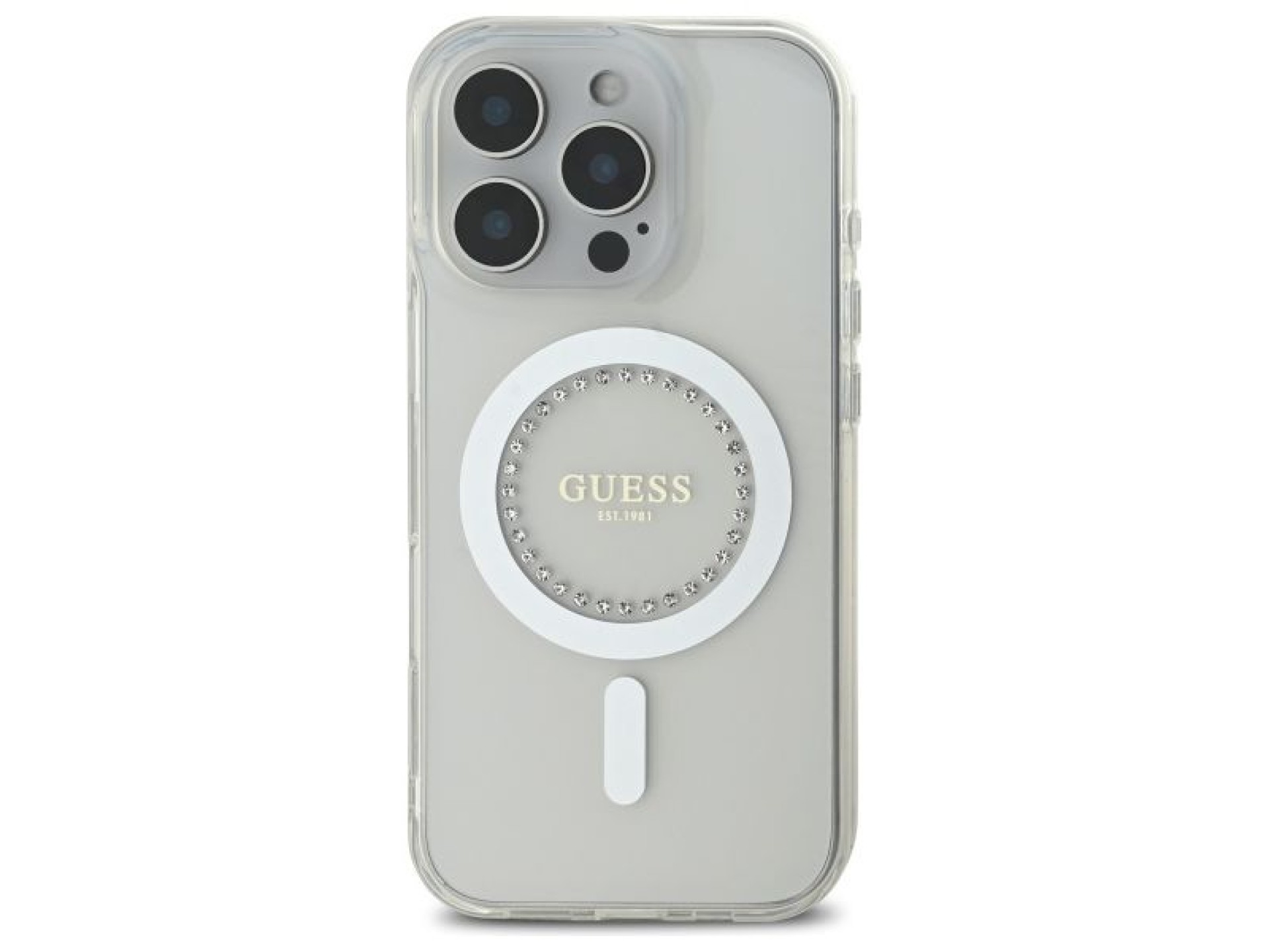 Capa Guess IML com strass e MagSafe para iPhone 16 Pro - Branca