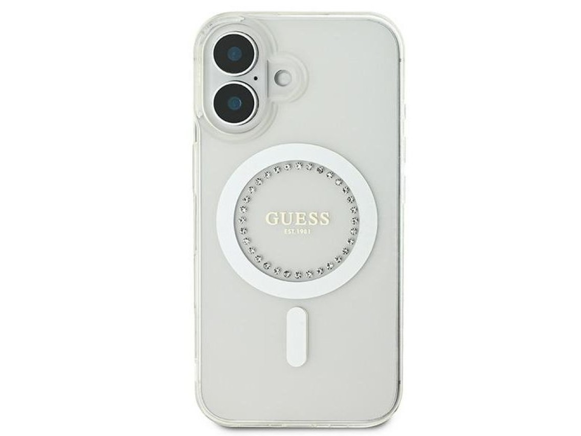 Funda Guess IML Rhinestones MagSafe para iPhone 16 Plus - Blanca