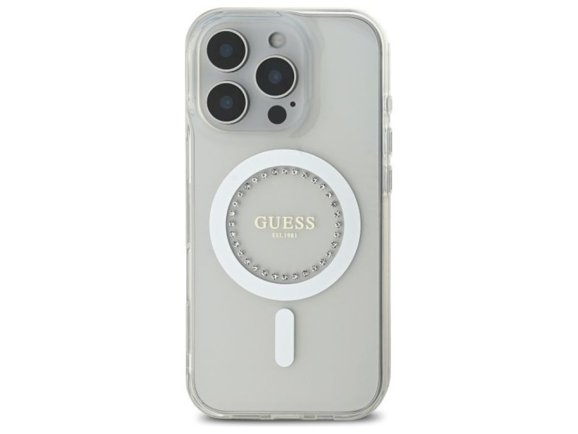 Capa Guess IML com strass e MagSafe para iPhone 16 Pro - Branca
