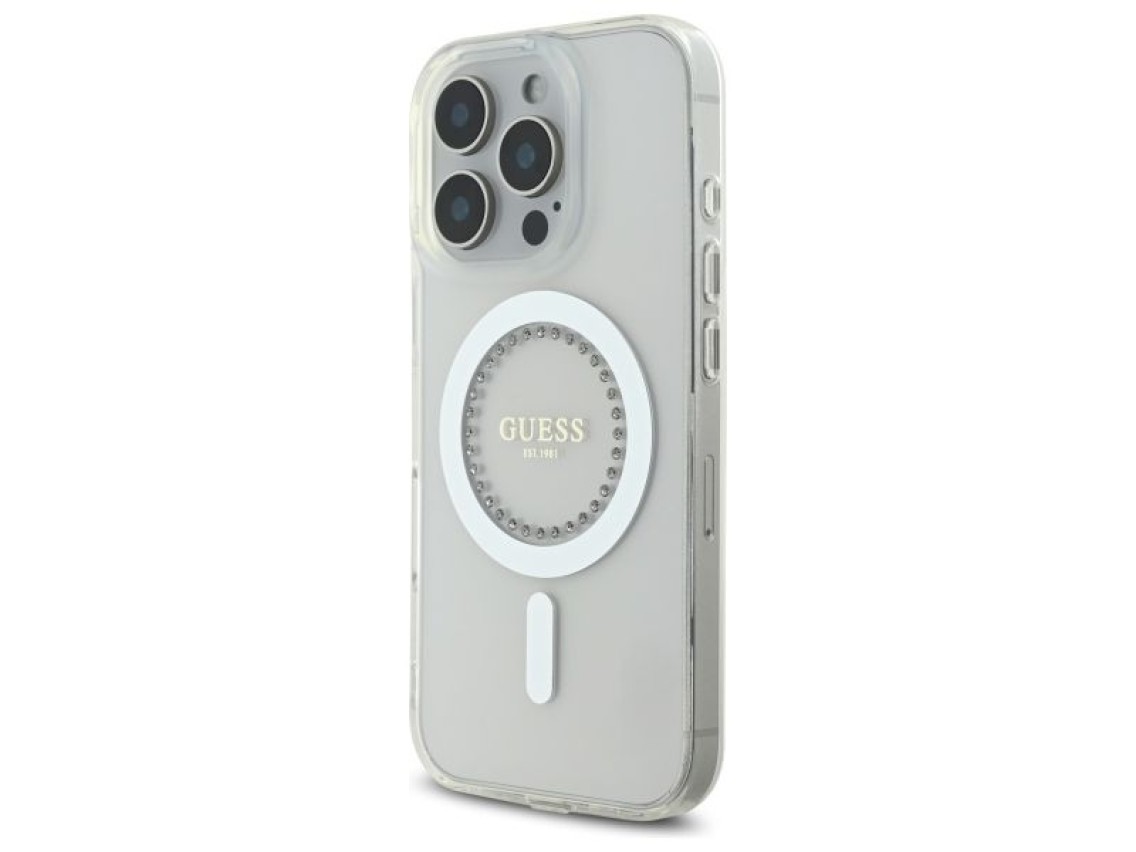 Capa Guess IML com strass e MagSafe para iPhone 16 Pro - Branca