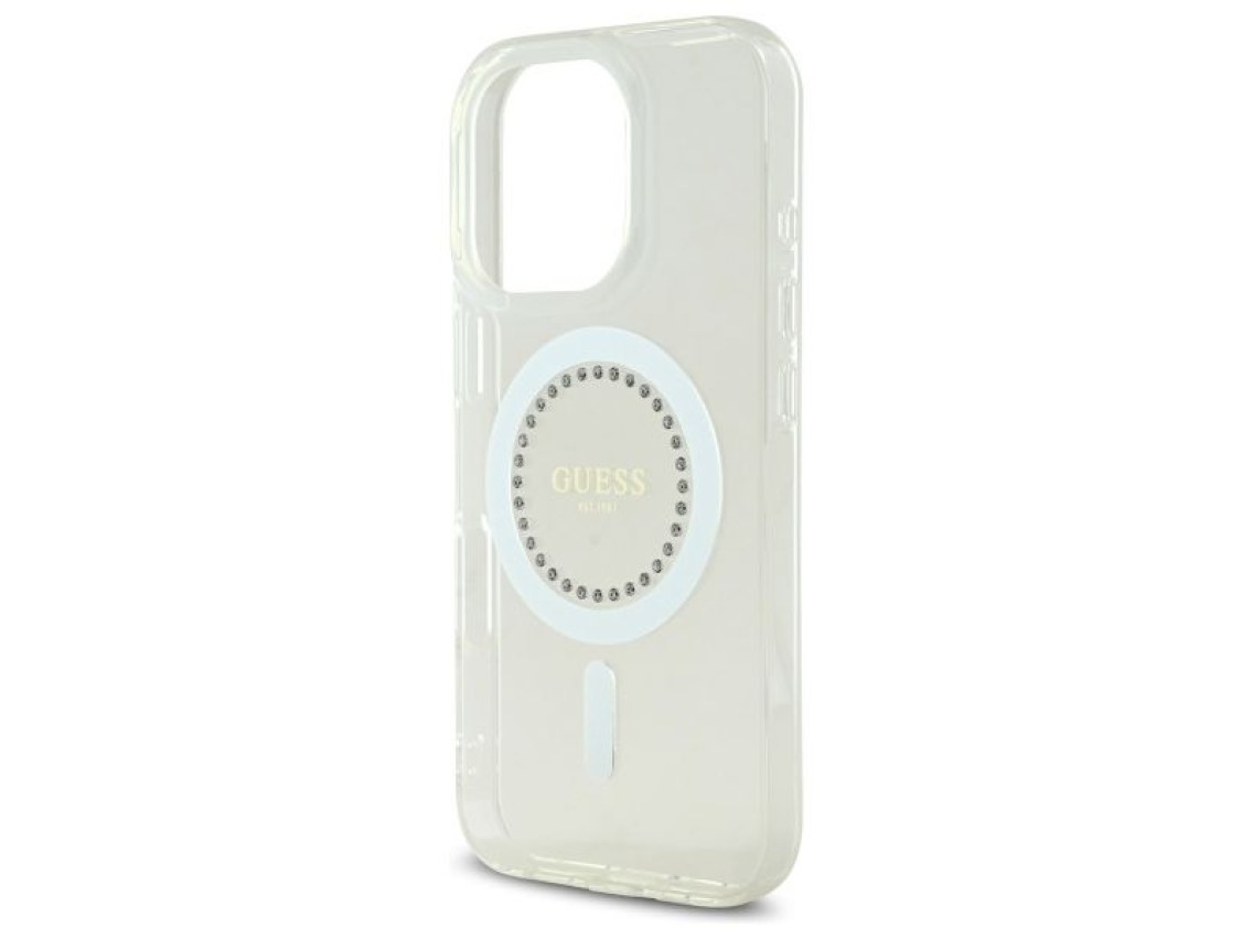 Capa Guess IML com strass e MagSafe para iPhone 16 Pro - Branca