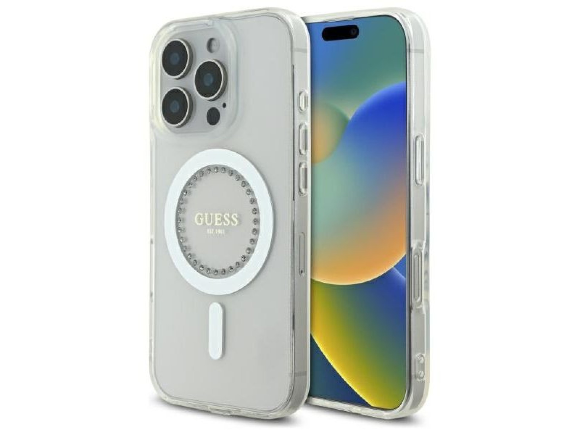 Capa Guess IML com strass e MagSafe para iPhone 16 Pro - Branca