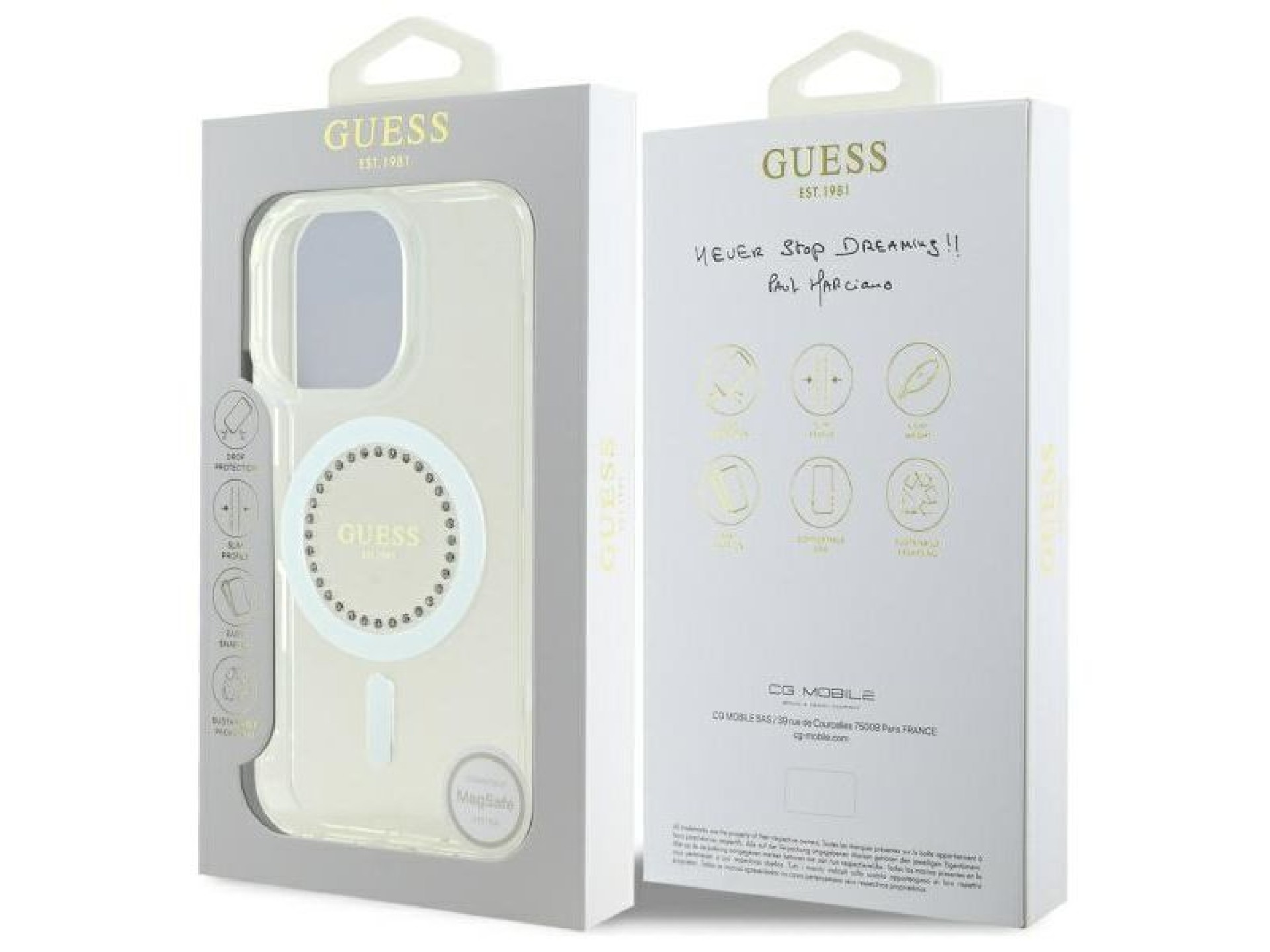 Capa Guess IML com strass e MagSafe para iPhone 16 Pro - Branca