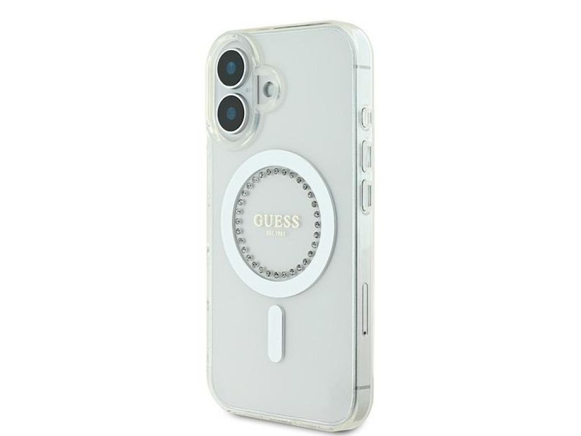 Funda Guess IML Rhinestones MagSafe para iPhone 16 Plus - Blanca