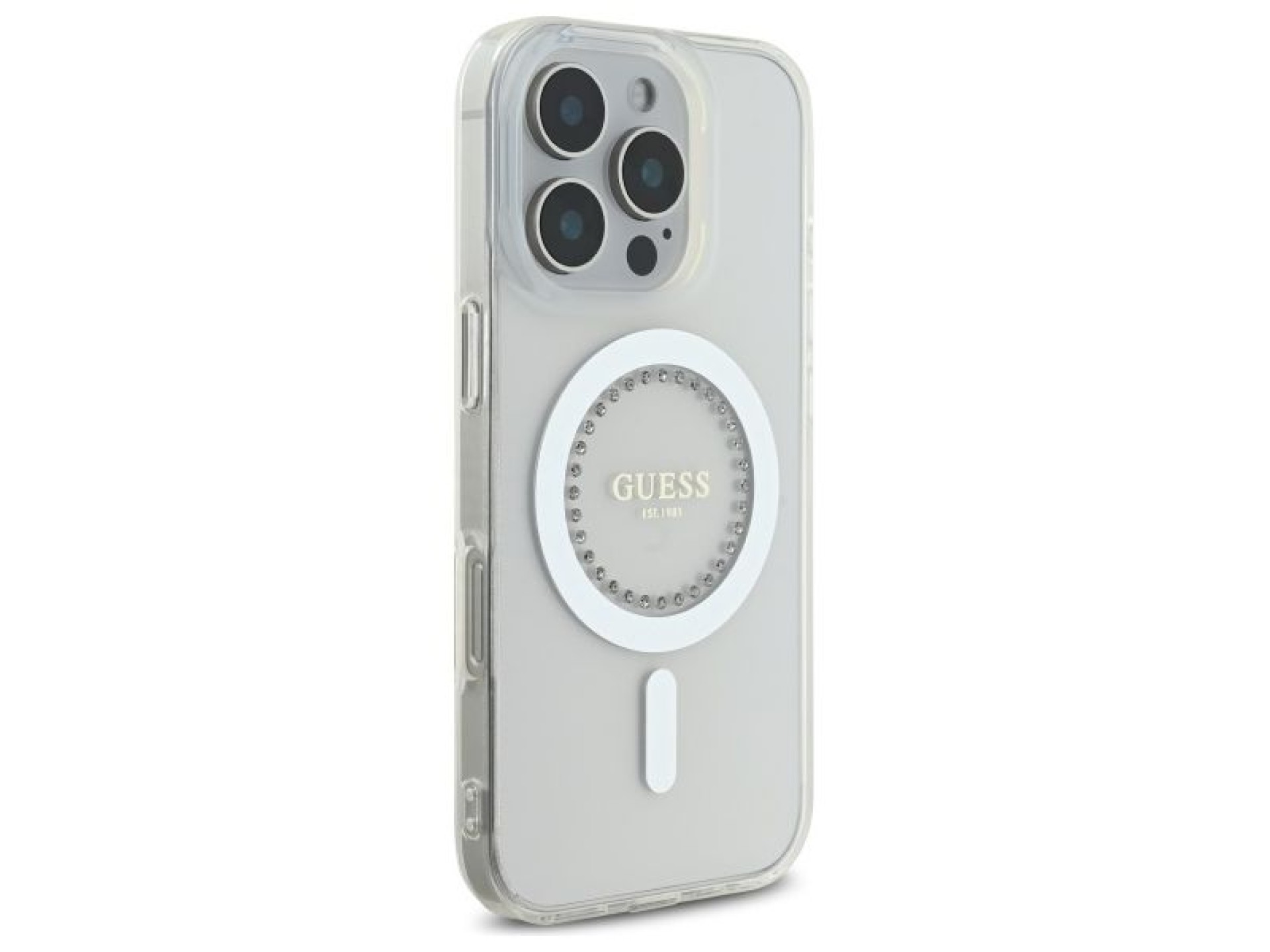 Capa Guess IML com strass e MagSafe para iPhone 16 Pro - Branca