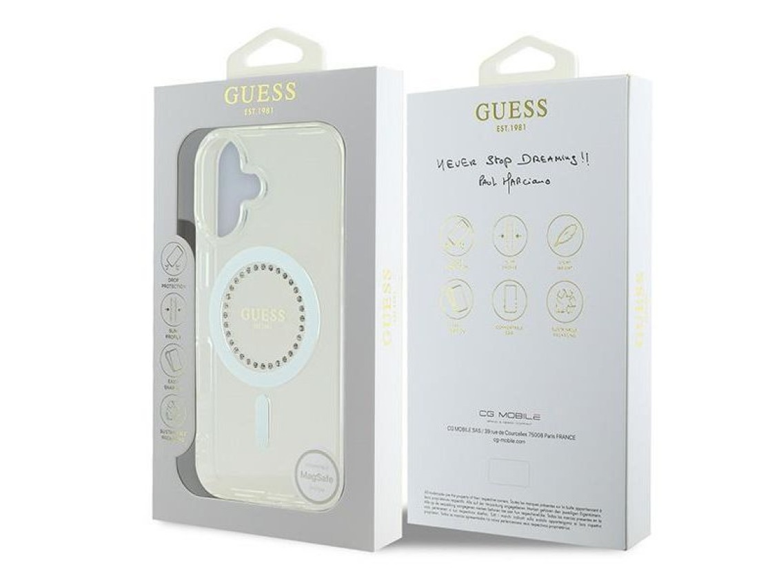 Funda Guess IML Rhinestones MagSafe para iPhone 16 Plus - Blanca
