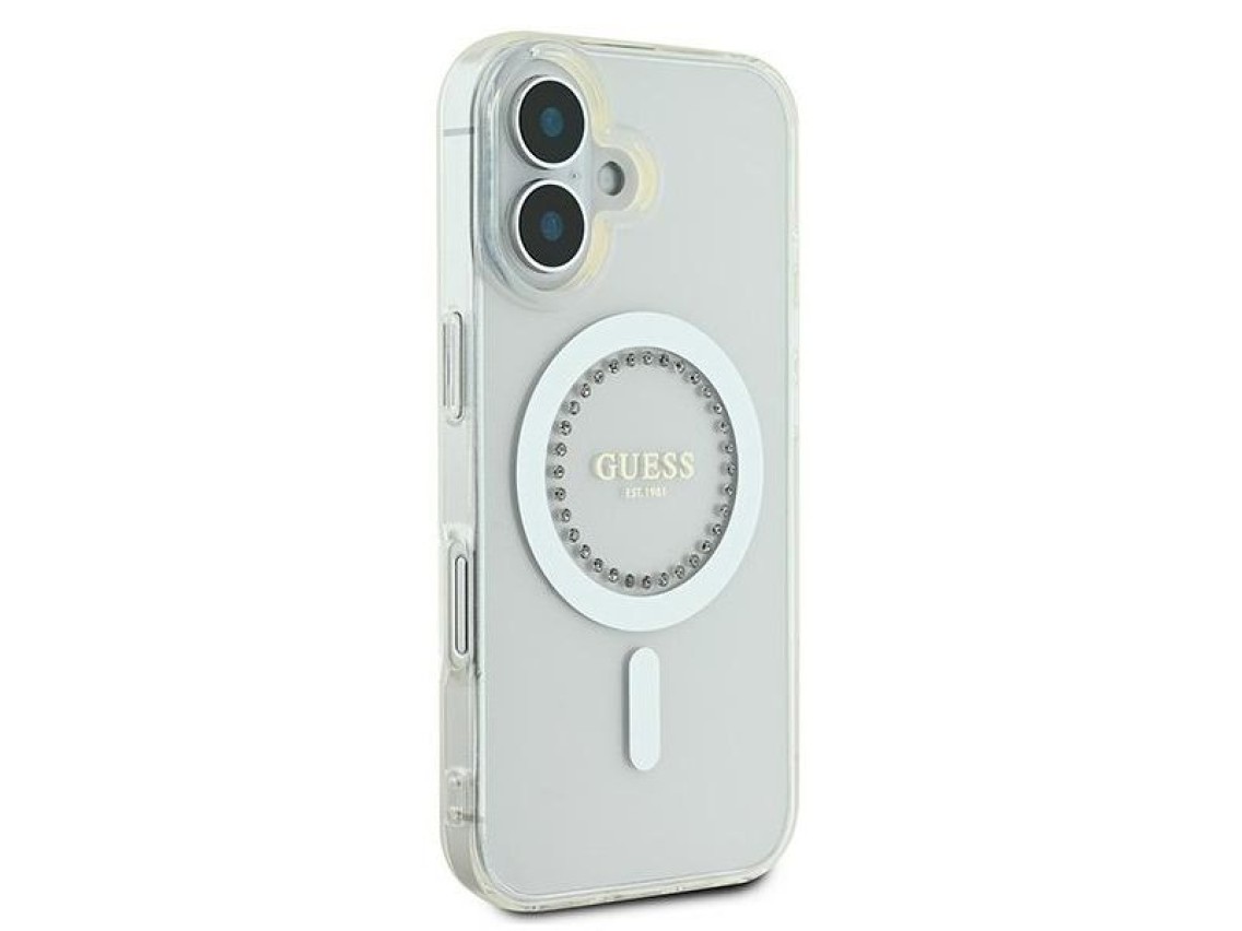 Funda Guess IML Rhinestones MagSafe para iPhone 16 Plus - Blanca