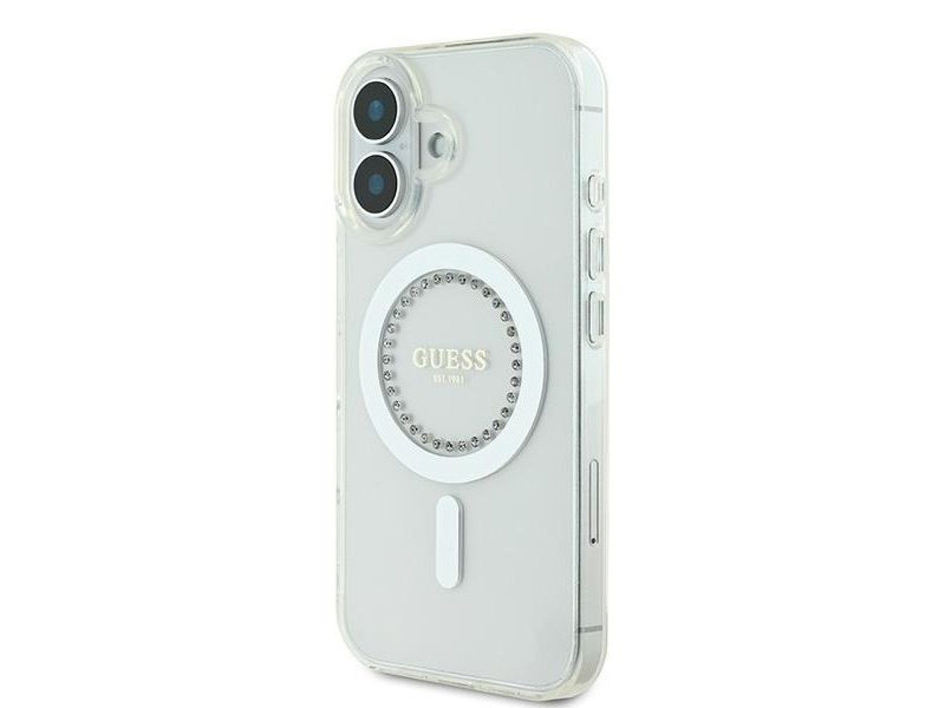 Funda Guess IML Rhinestones MagSafe para iPhone 16 Plus - Blanca