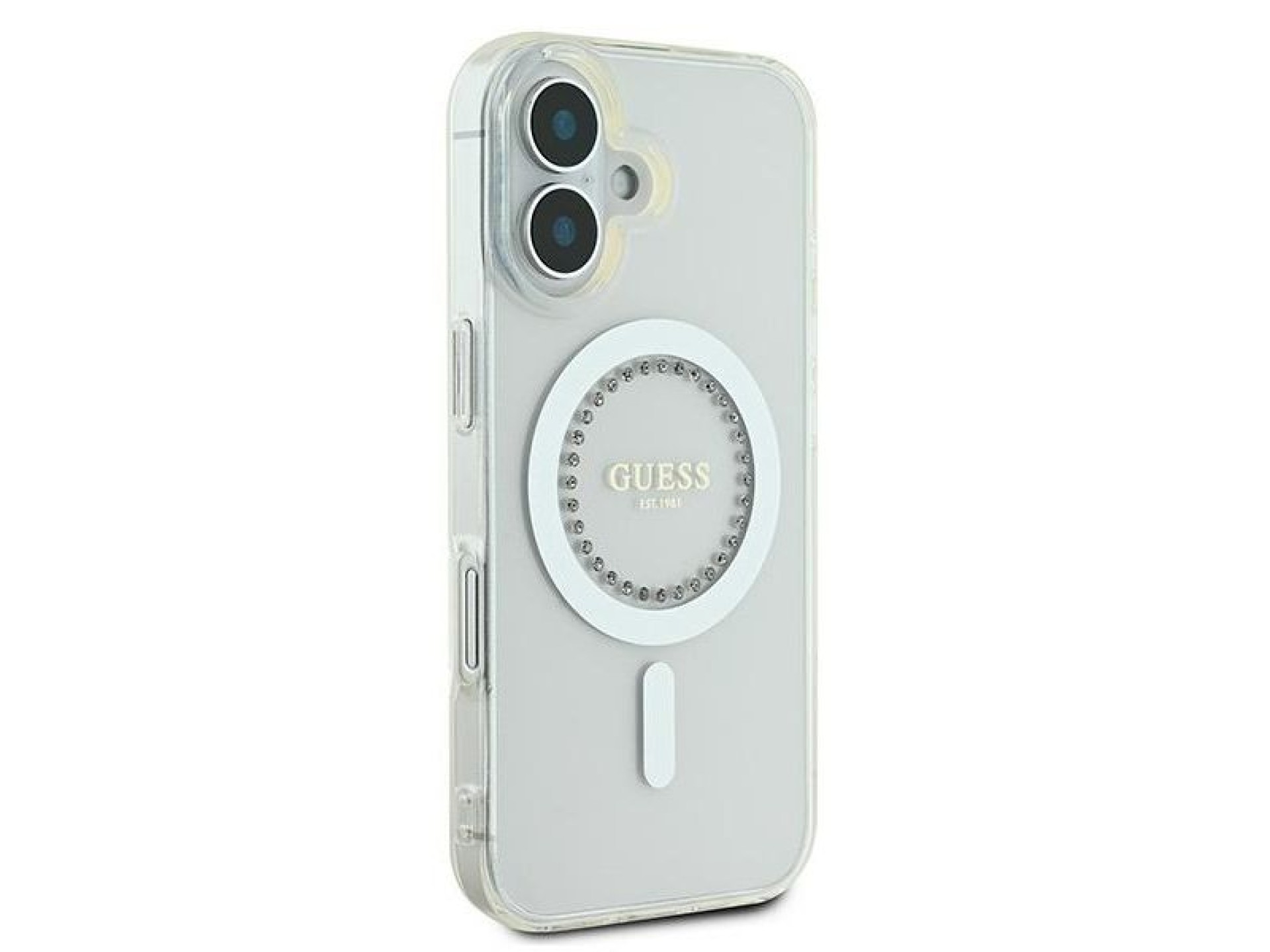 Funda Guess IML Rhinestones MagSafe para iPhone 16 Plus - Blanca