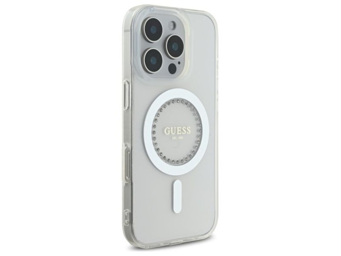 Capa Guess IML com strass e MagSafe para iPhone 16 Pro - Branca