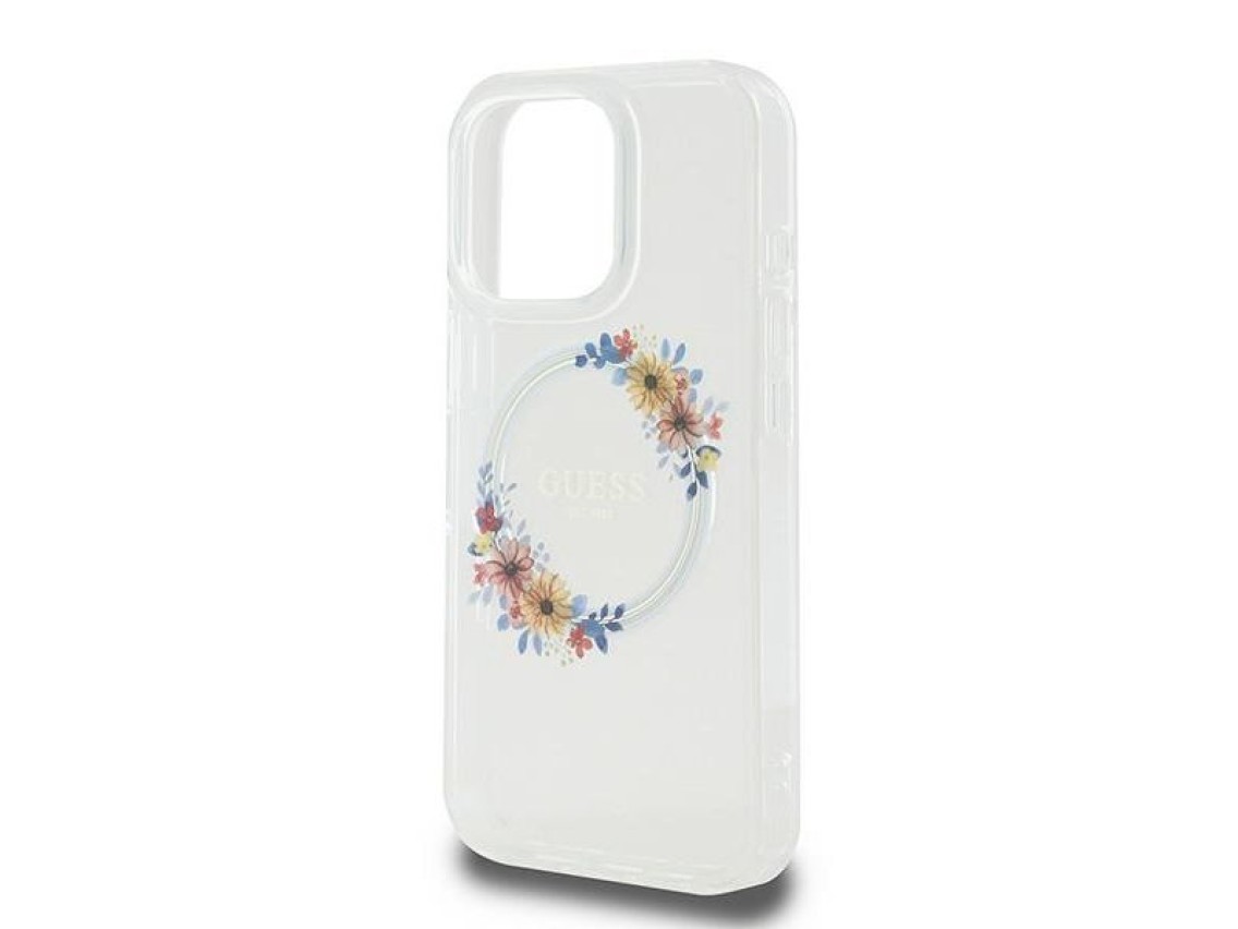Guess IML Flowers Wreath MagSafe Case for iPhone 16 Pro - Clear