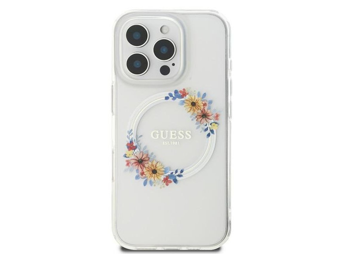 Guess IML Flowers Wreath MagSafe Case for iPhone 16 Pro - Clear