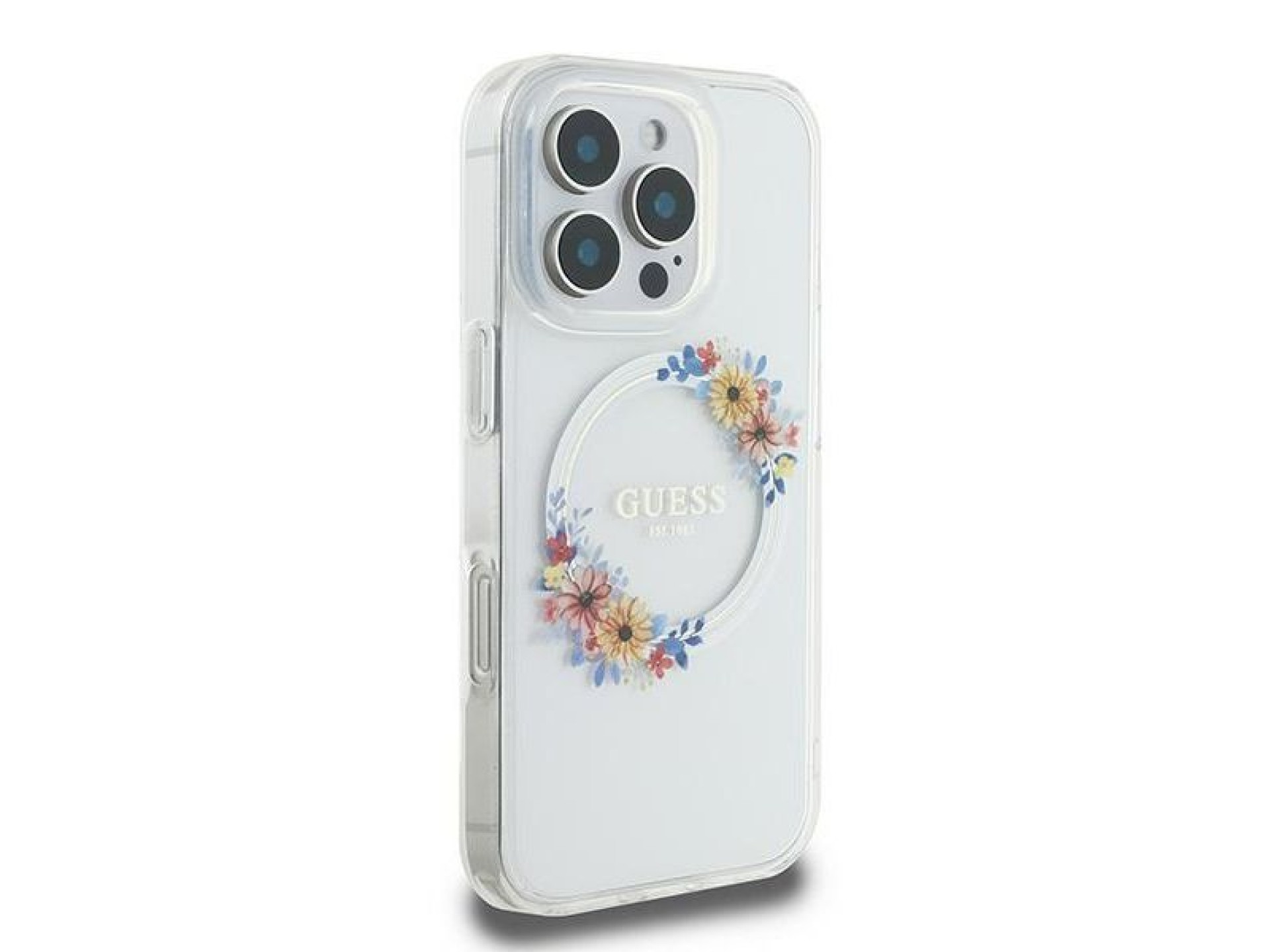 Guess IML Flowers Wreath MagSafe Case for iPhone 16 Pro - Clear