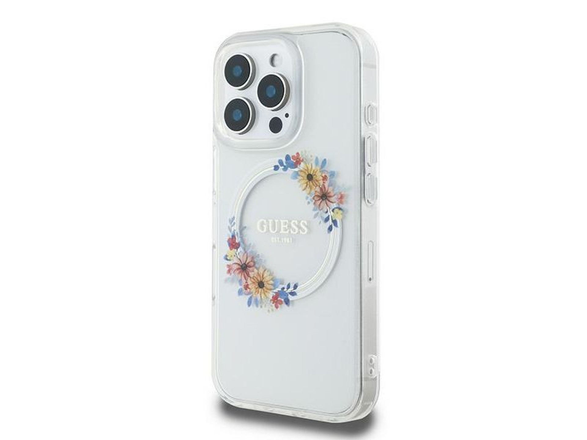 Guess IML Flowers Wreath MagSafe Case for iPhone 16 Pro - Clear