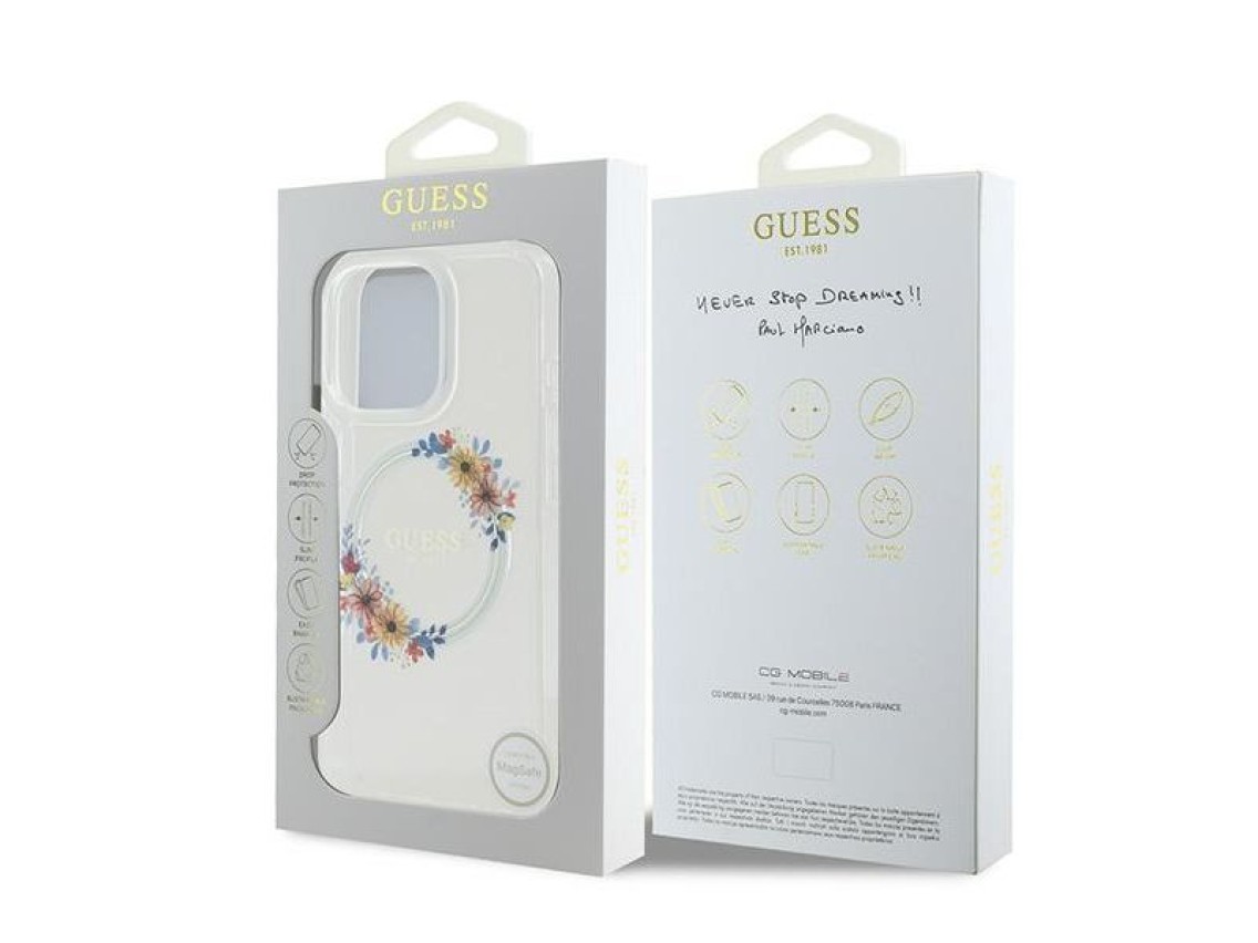 Guess IML Flowers Wreath MagSafe Case for iPhone 16 Pro - Clear