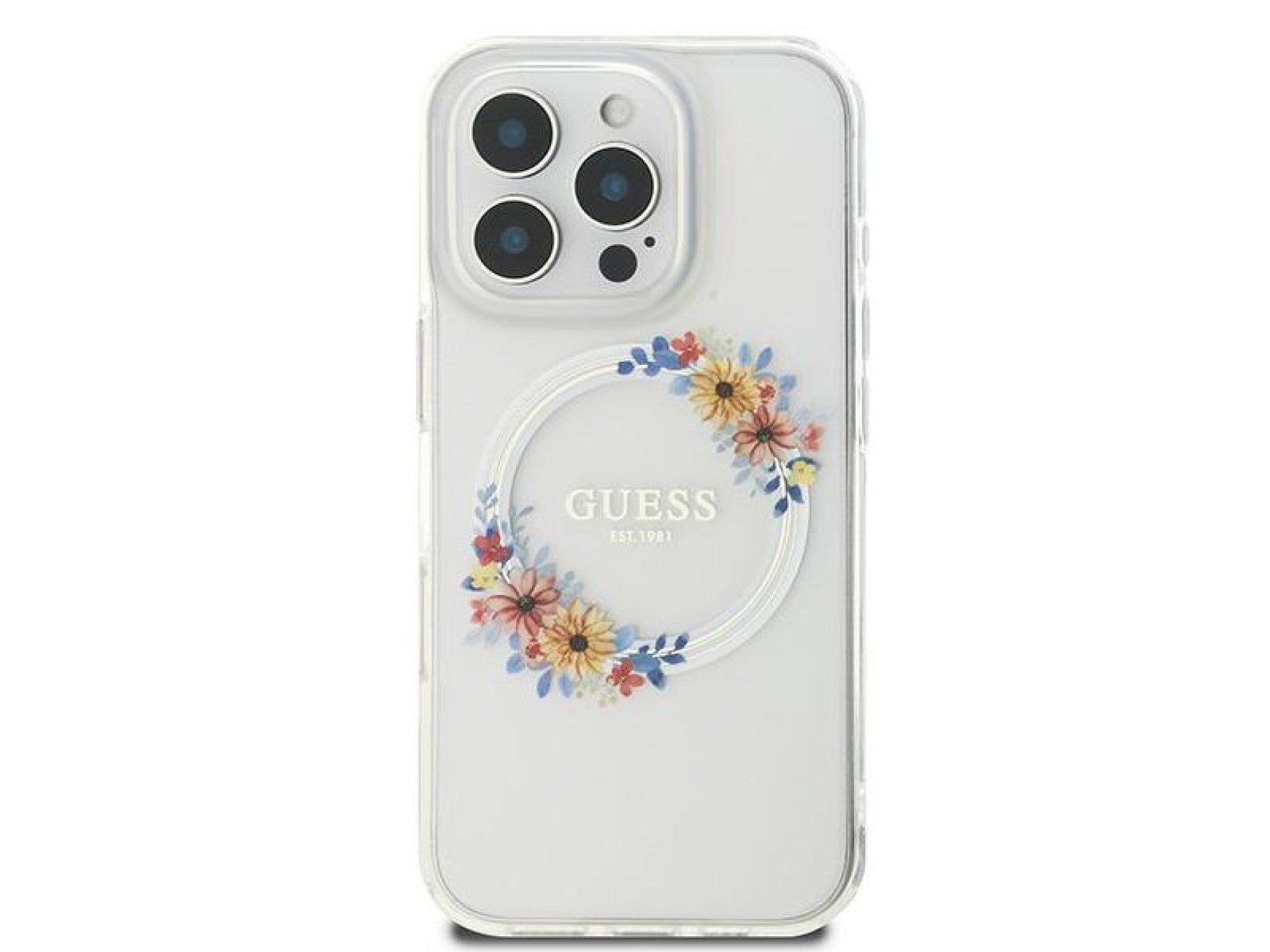 Guess IML Flowers Wreath MagSafe Case for iPhone 16 Pro - Clear