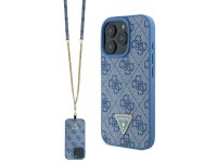 Capa transversal Guess em couro com logo met�lico e strass para iPhone 16 Pro Max - Azul
