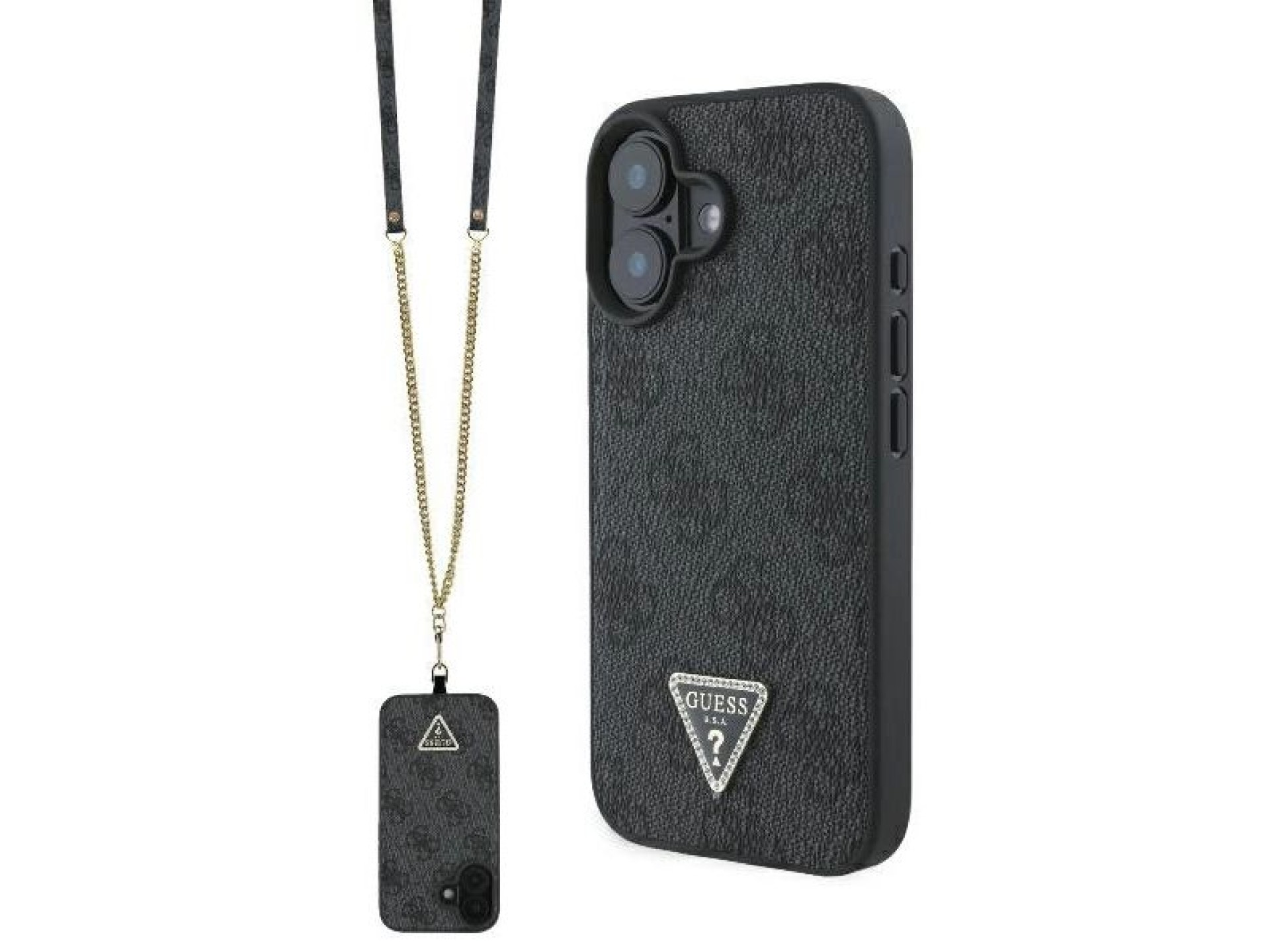 Funda bandolera de cuero Guess con logo metálico y strass para iPhone 16 - Negra