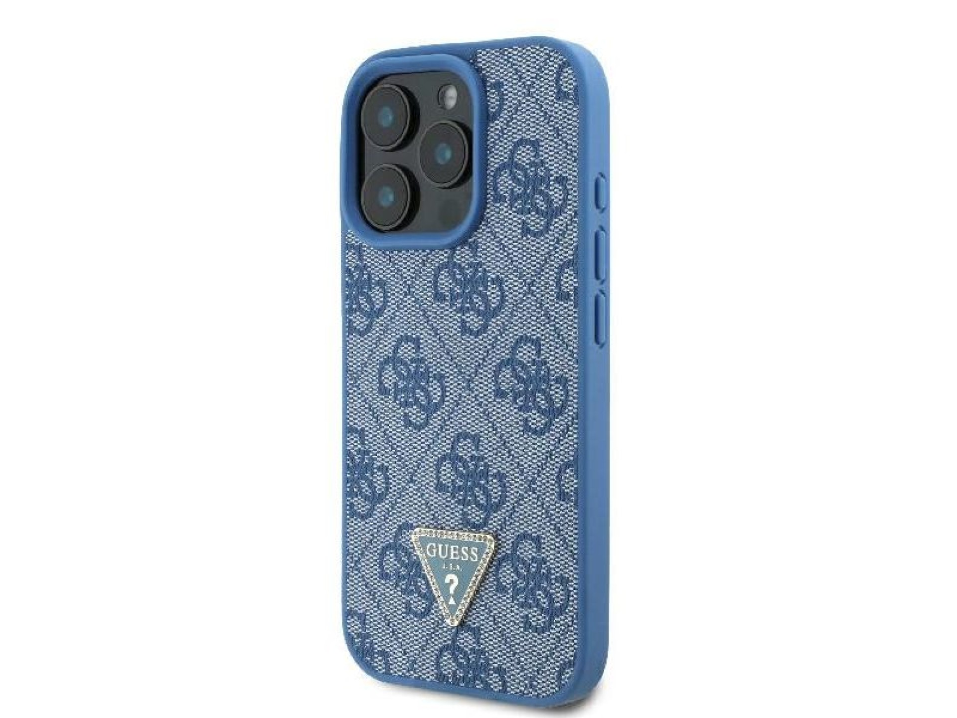 Capa transversal Guess em couro com logo metálico e strass para iPhone 16 Pro - Azul