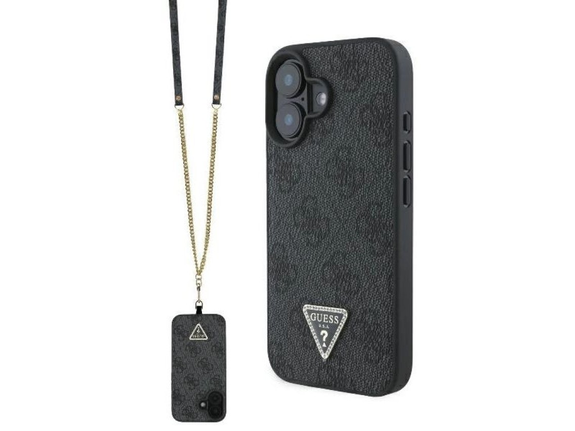 Funda bandolera de cuero Guess con logo met�lico y strass para iPhone 16 - Negra