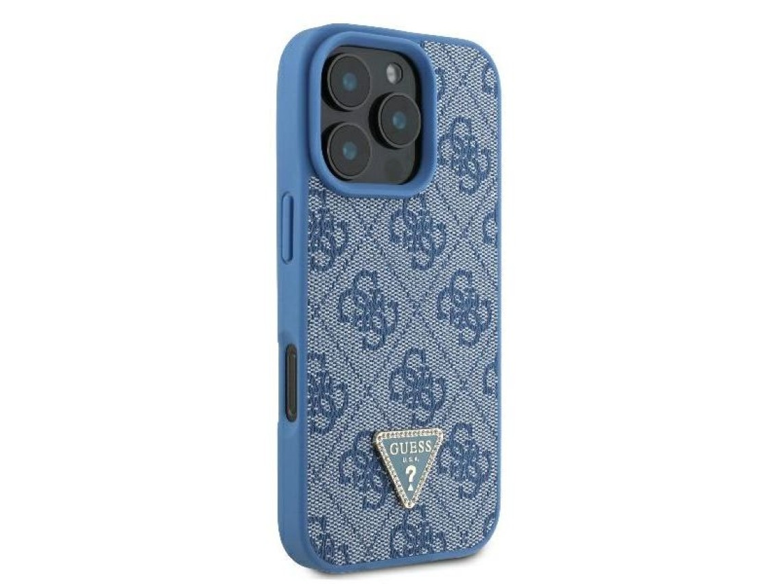 Capa transversal Guess em couro com logo metálico e strass para iPhone 16 Pro - Azul