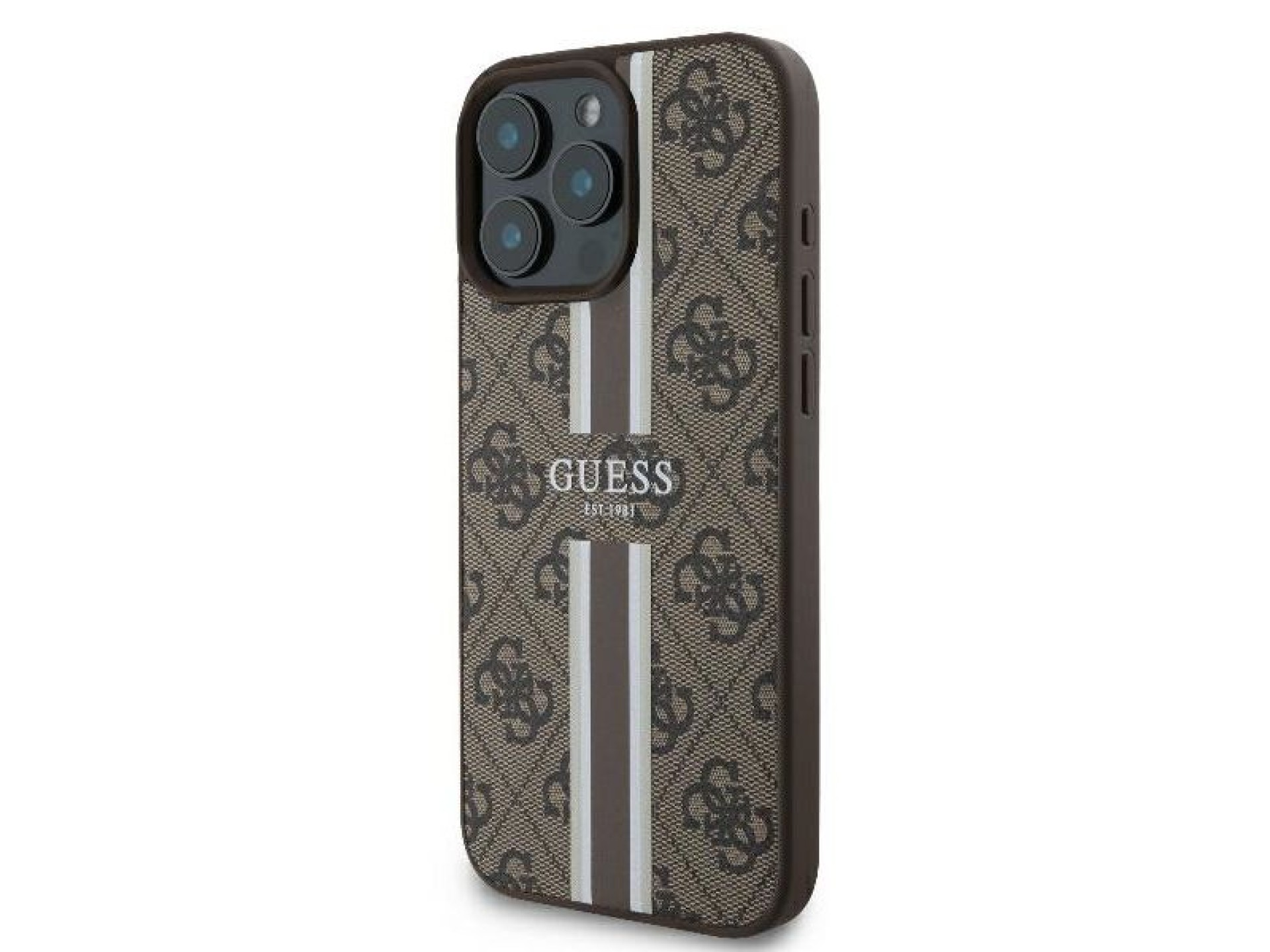 Funda Guess 4G con estampado de rayas y MagSafe para iPhone 16 Pro - Marrón