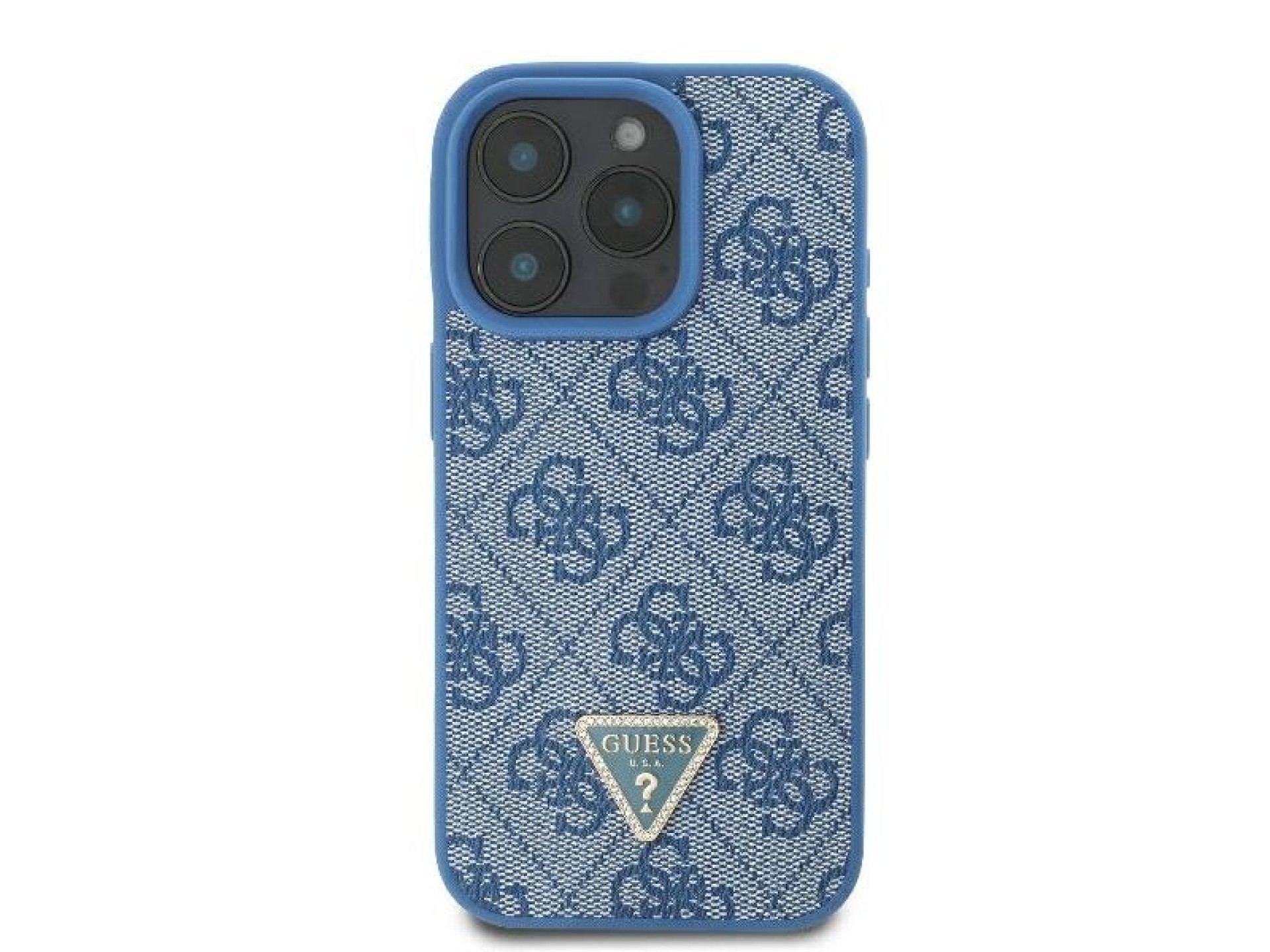 Capa transversal Guess em couro com logo metálico e strass para iPhone 16 Pro Max - Azul