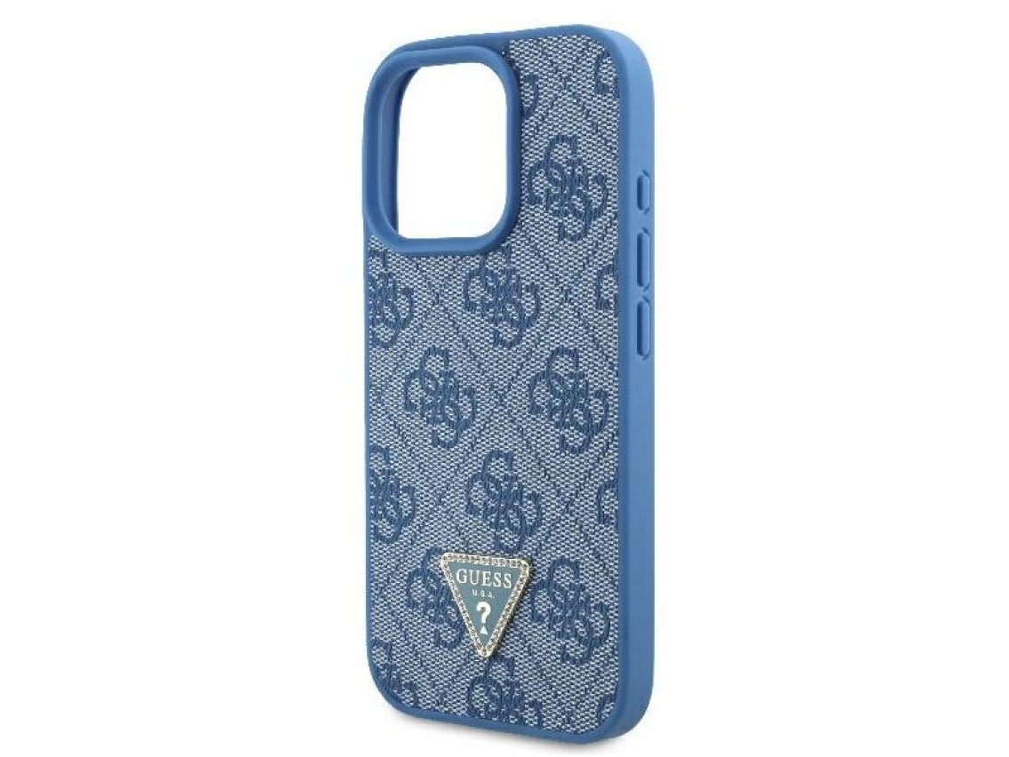 Capa transversal Guess em couro com logo metálico e strass para iPhone 16 Pro Max - Azul
